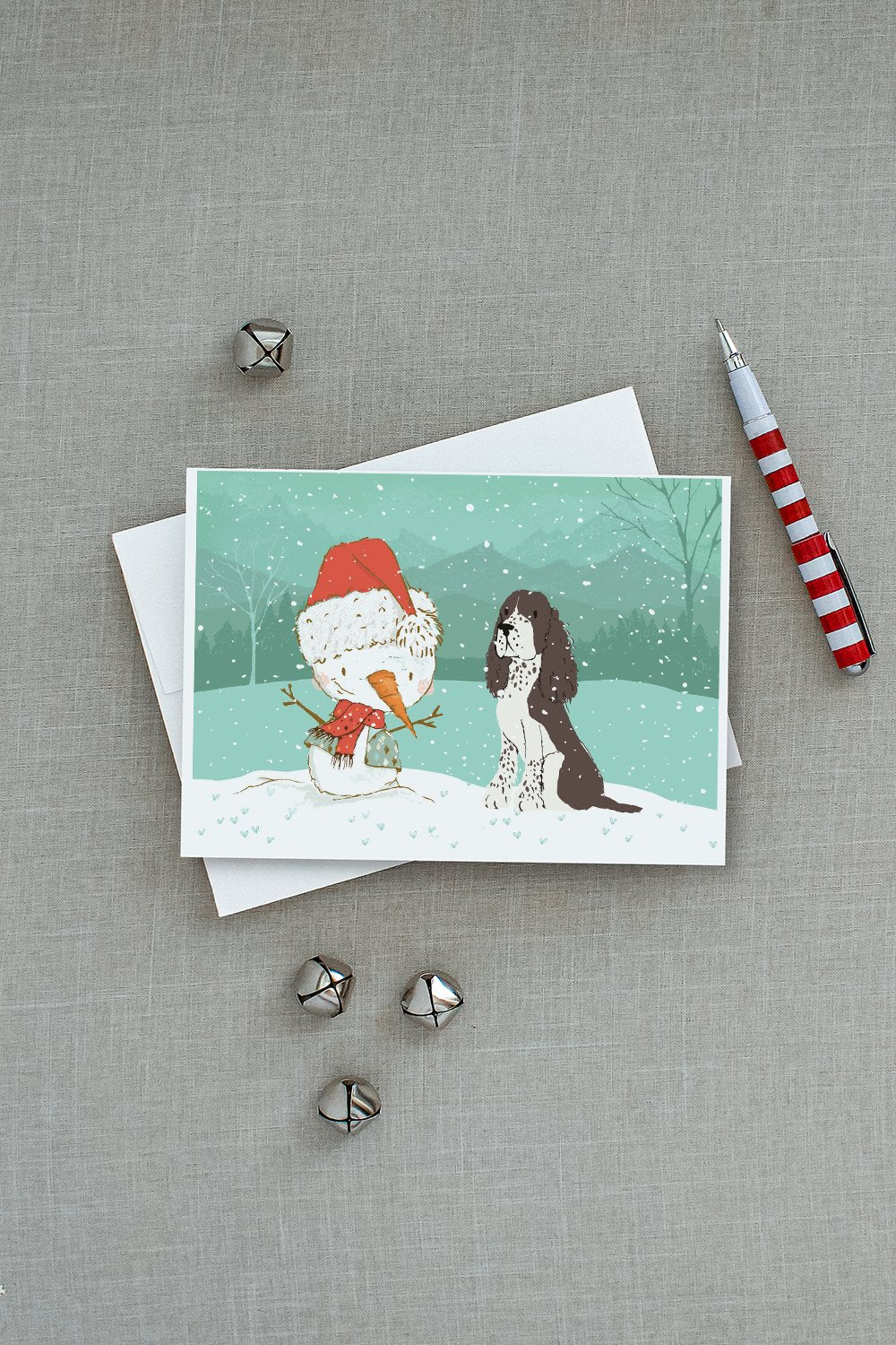 Brown English Springer Spaniel Snowman Christmas Greeting Cards and Envelopes Pack of 8 - the-store.com