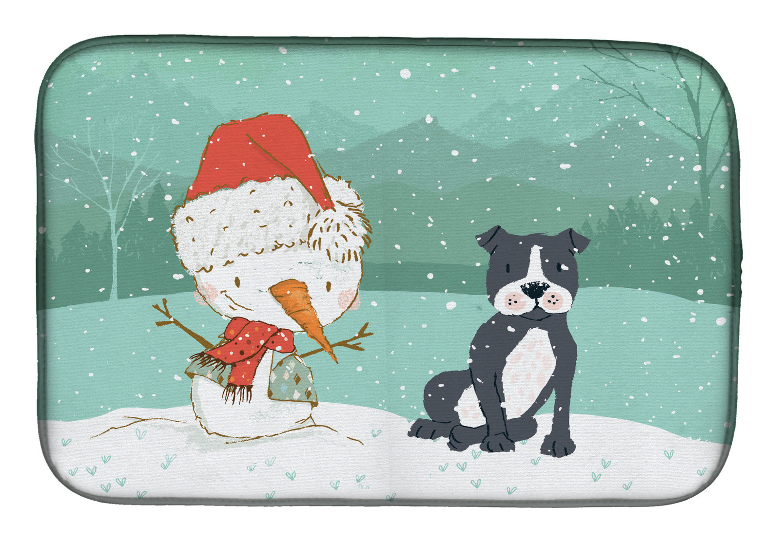 Black Staffie Snowman Christmas Dish Drying Mat CK2075DDM  the-store.com.