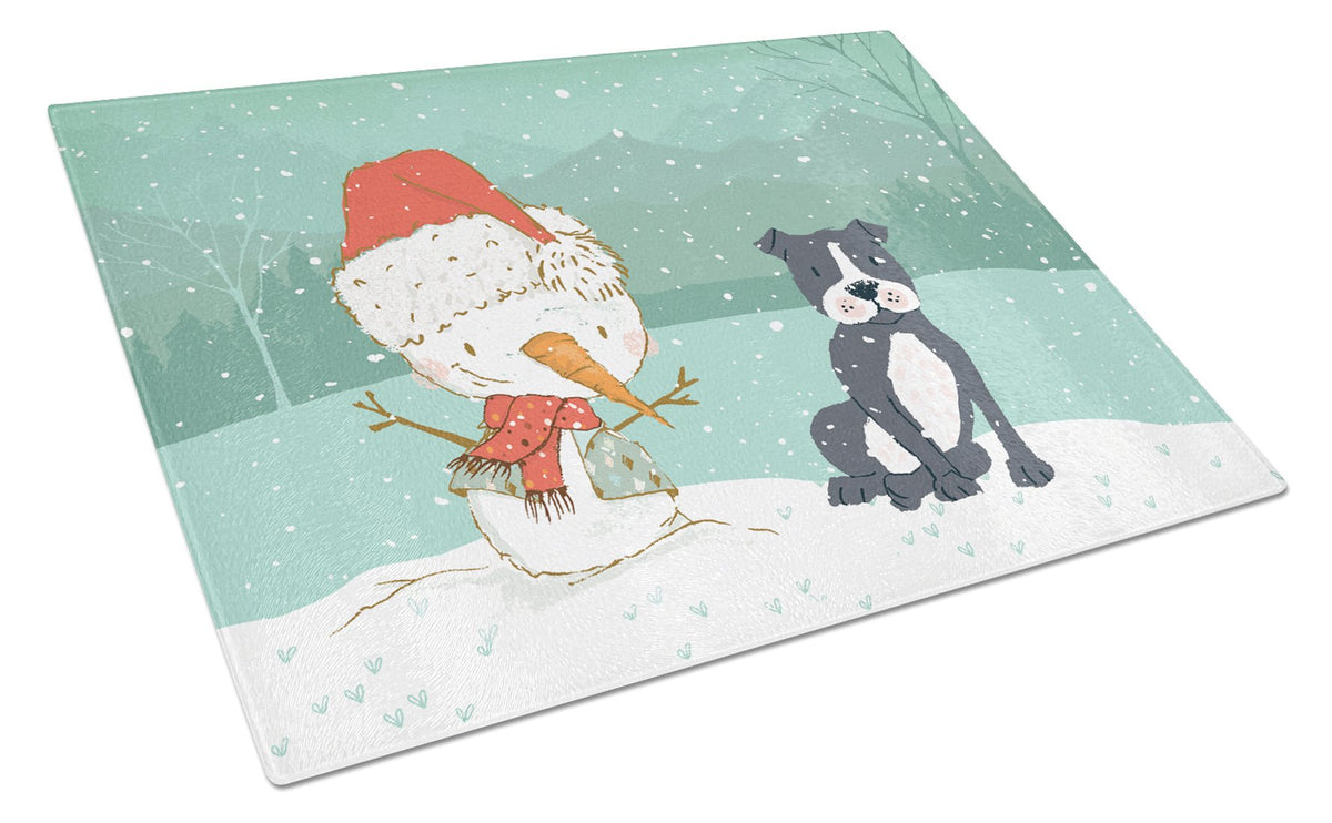 Black Staffie Snowman Christmas Glass Cutting Board Large CK2075LCB by Caroline&#39;s Treasures