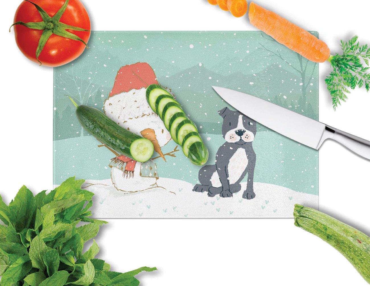 Black Staffie Snowman Christmas Glass Cutting Board Large CK2075LCB by Caroline's Treasures