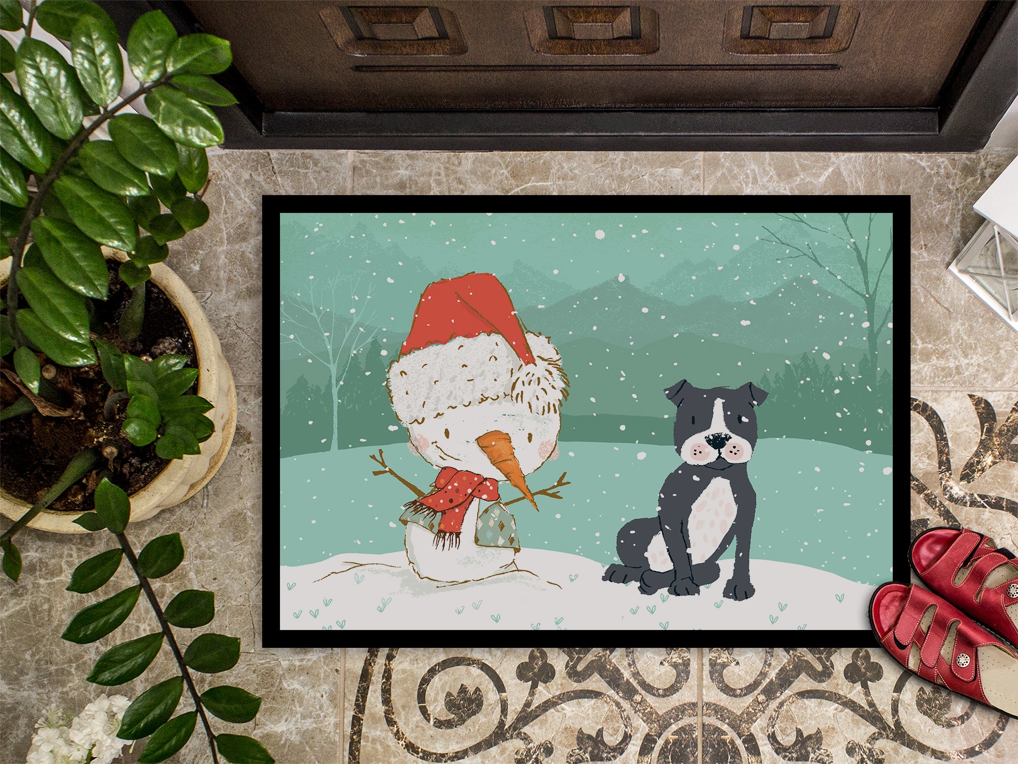 Black Staffie Snowman Christmas Indoor or Outdoor Mat 18x27 CK2075MAT - the-store.com