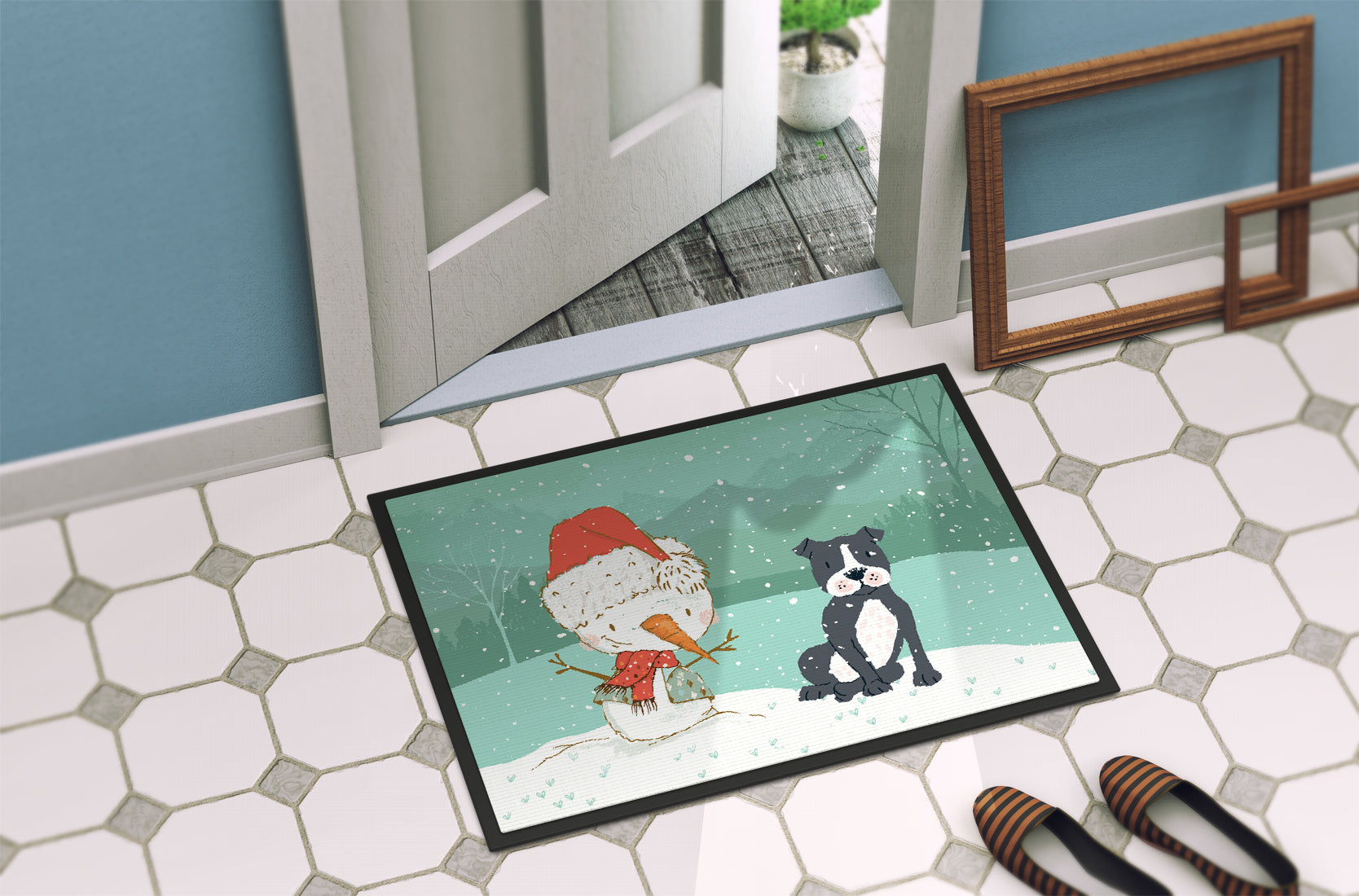 Black Staffie Snowman Christmas Indoor or Outdoor Mat 18x27 CK2075MAT - the-store.com