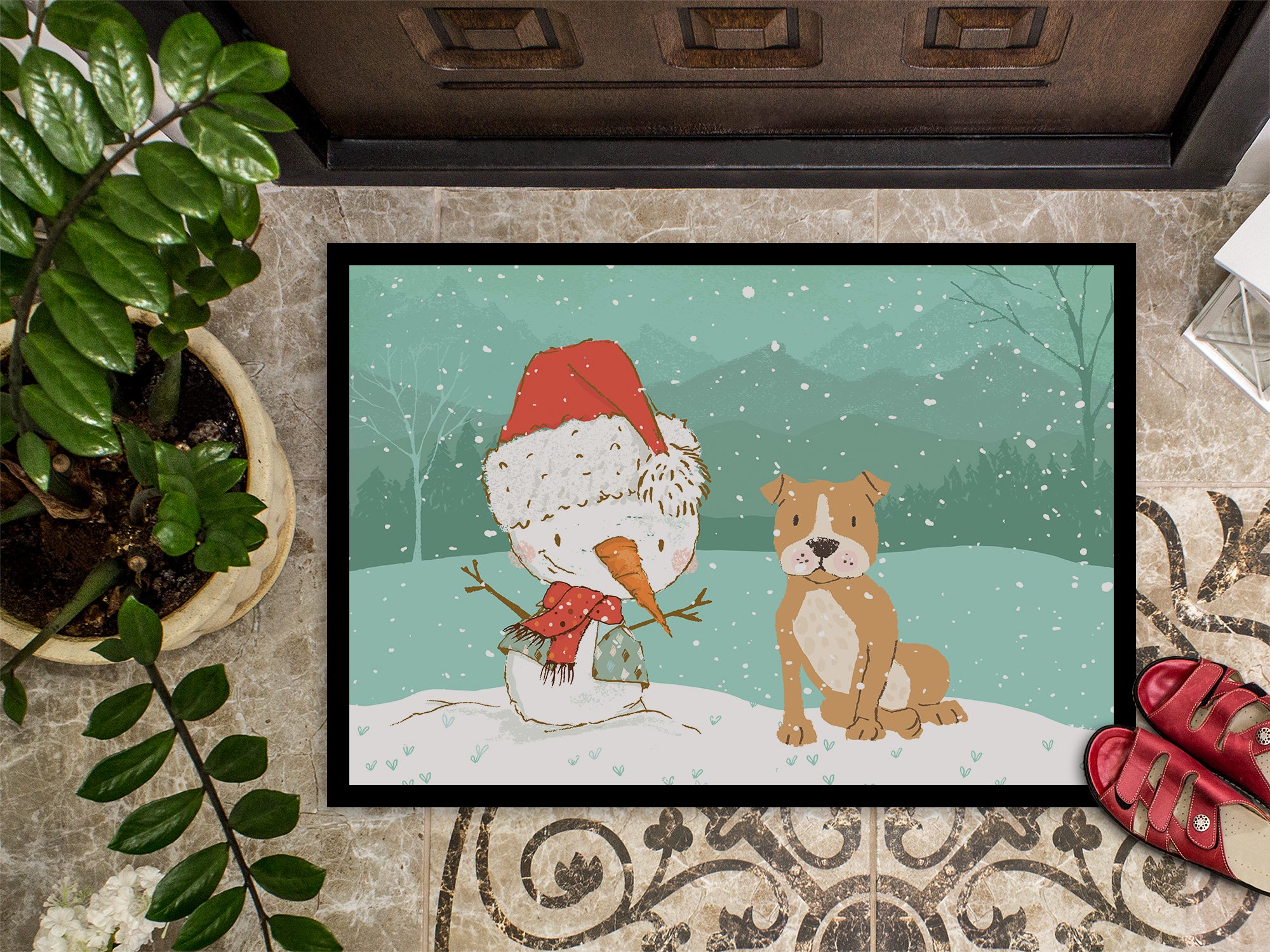 Brown Staffie Snowman Christmas Indoor or Outdoor Mat 18x27 CK2076MAT - the-store.com