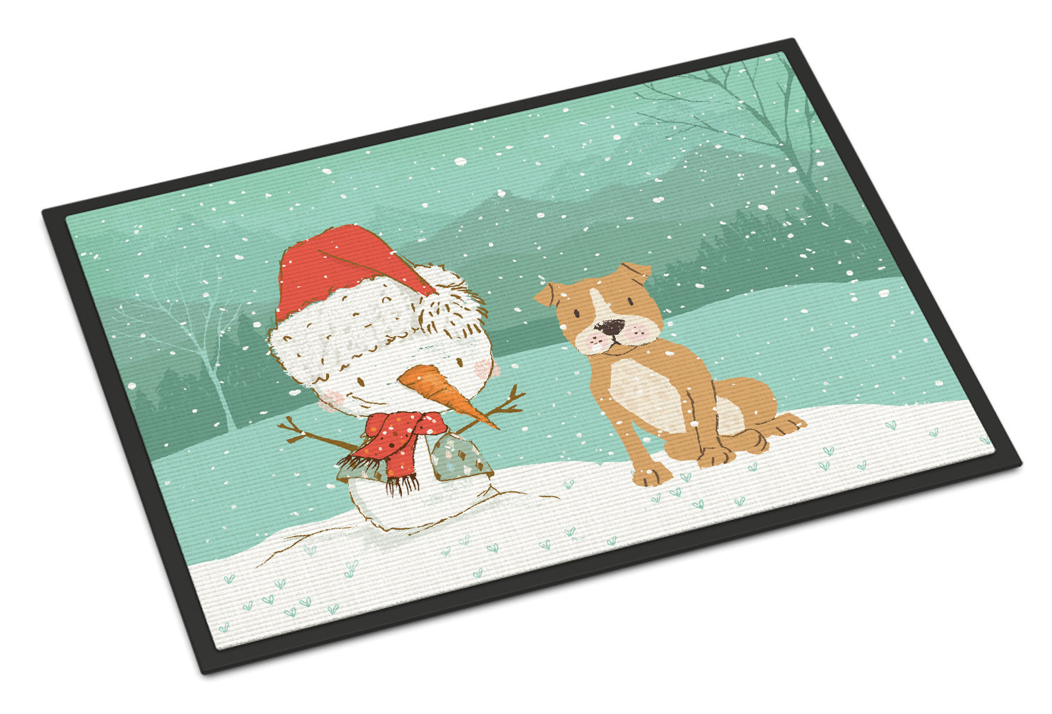 Brown Staffie Snowman Christmas Indoor or Outdoor Mat 18x27 CK2076MAT - the-store.com