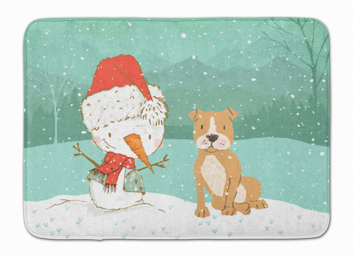 Brown Staffie Snowman Christmas Machine Washable Memory Foam Mat CK2076RUG - the-store.com