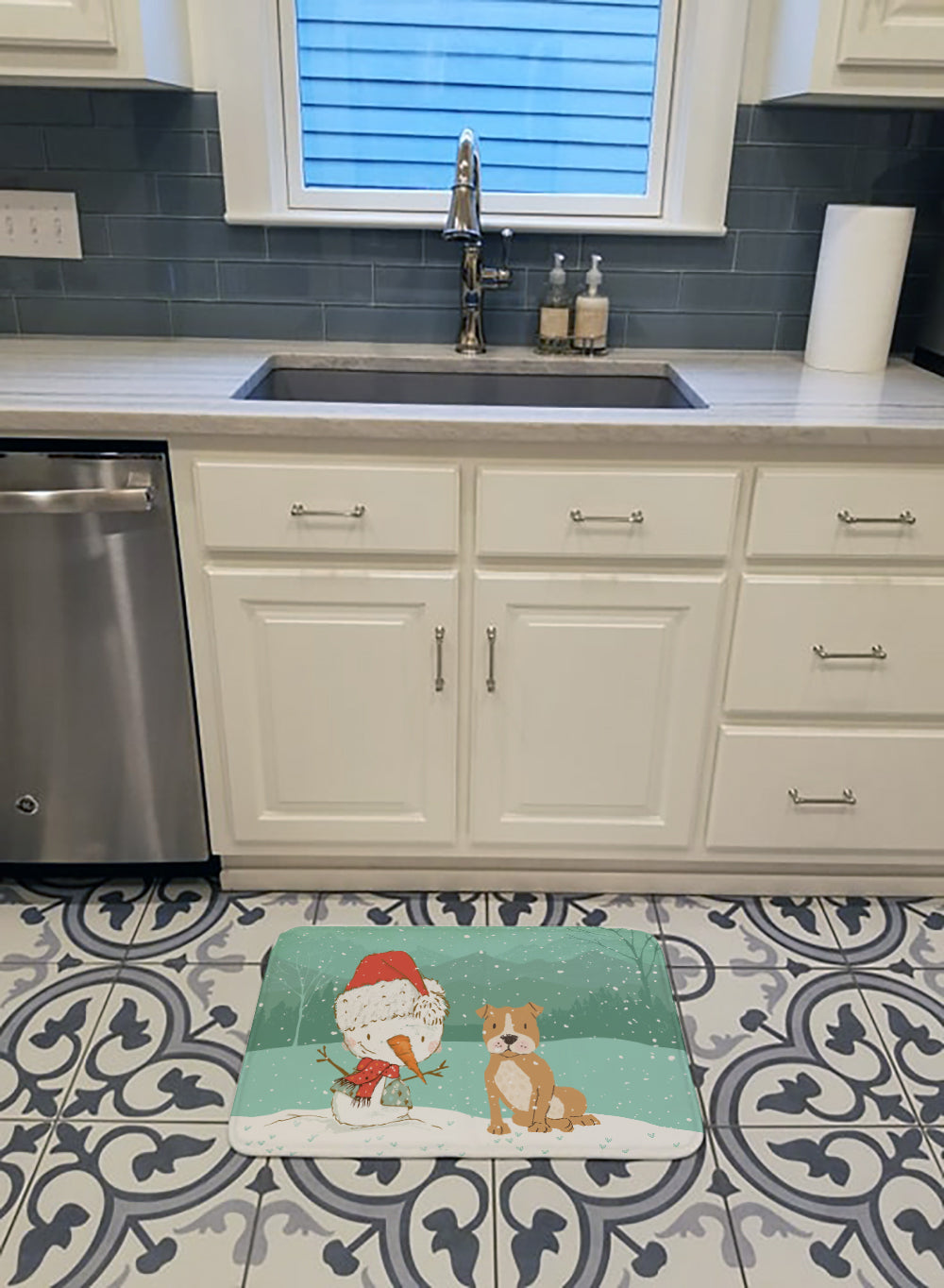 Brown Staffie Snowman Christmas Machine Washable Memory Foam Mat CK2076RUG - the-store.com