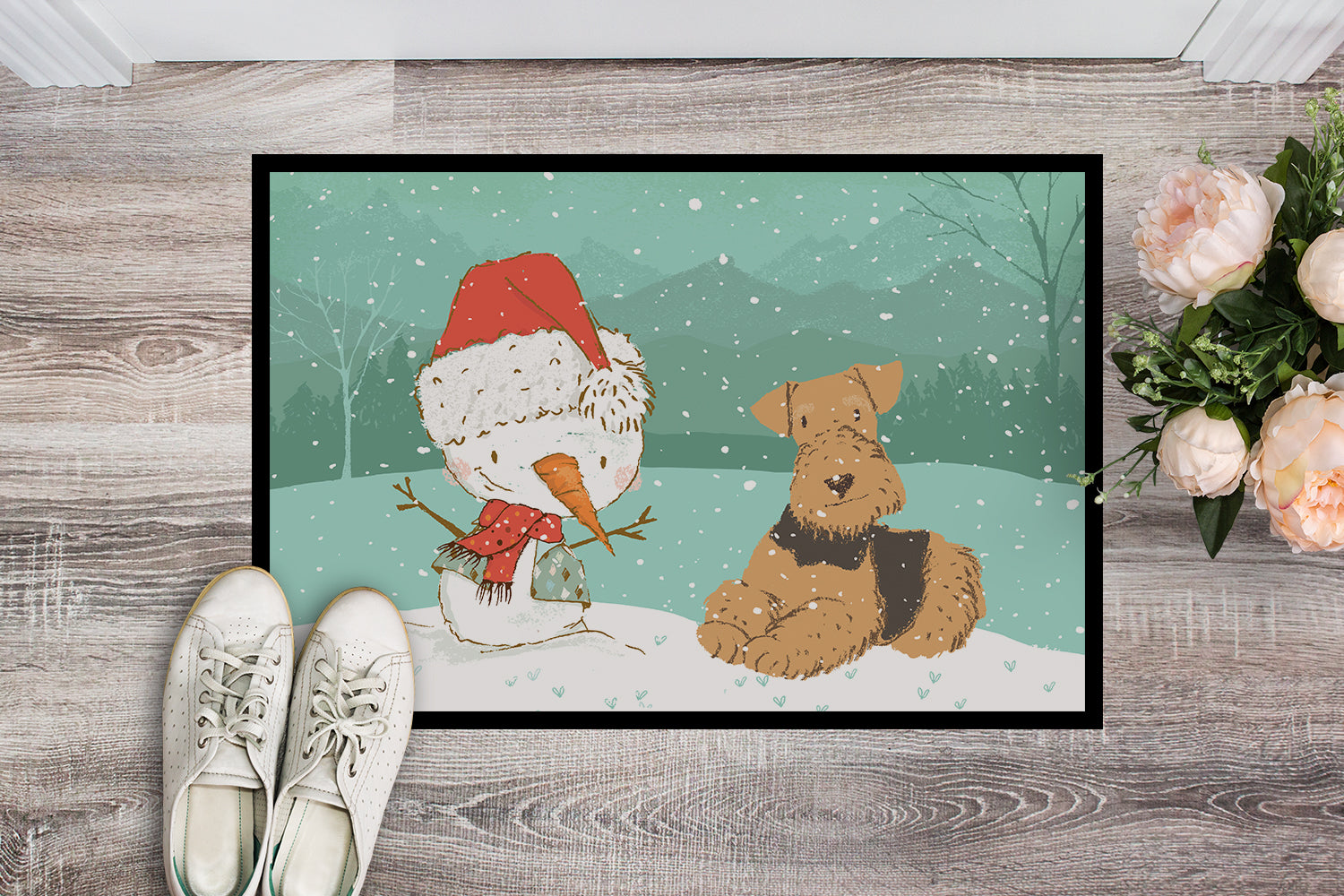 Airedale Terrier Snowman Christmas Indoor or Outdoor Mat 18x27 CK2078MAT - the-store.com