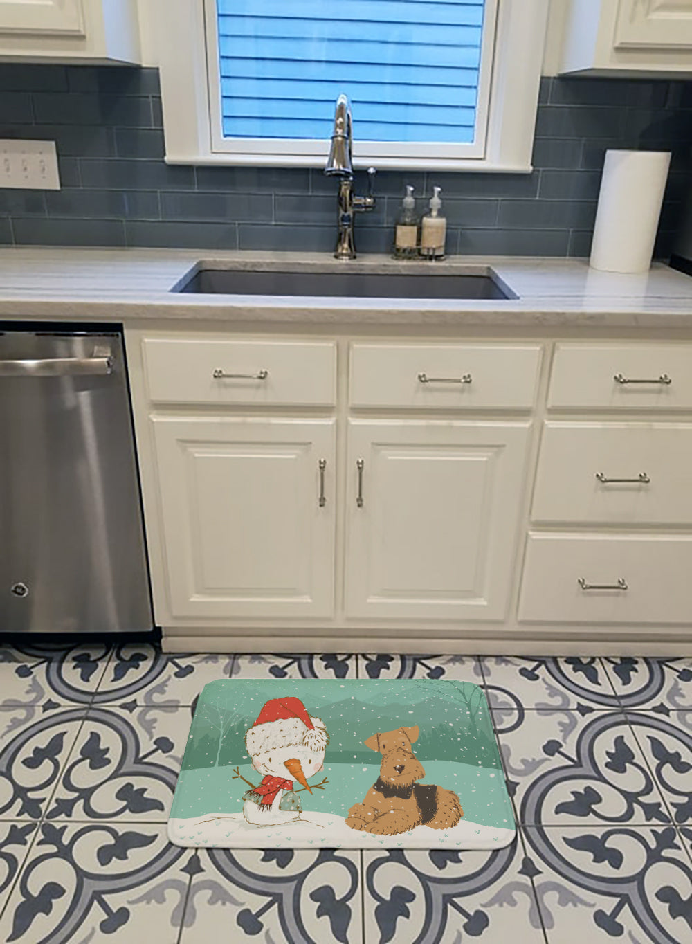 Airedale Terrier Snowman Christmas Machine Washable Memory Foam Mat CK2078RUG - the-store.com