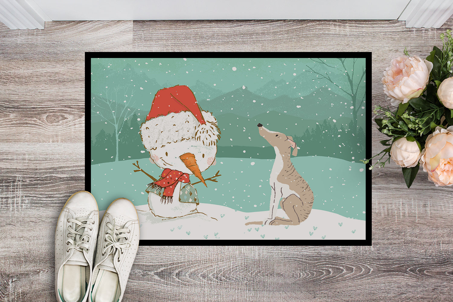 Whippet Snowman Christmas Indoor or Outdoor Mat 18x27 CK2079MAT - the-store.com