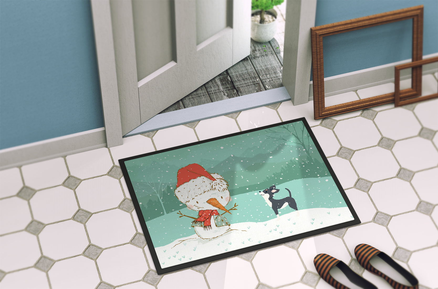 Black Chihuahua Snowman Christmas Indoor or Outdoor Mat 18x27 CK2080MAT - the-store.com