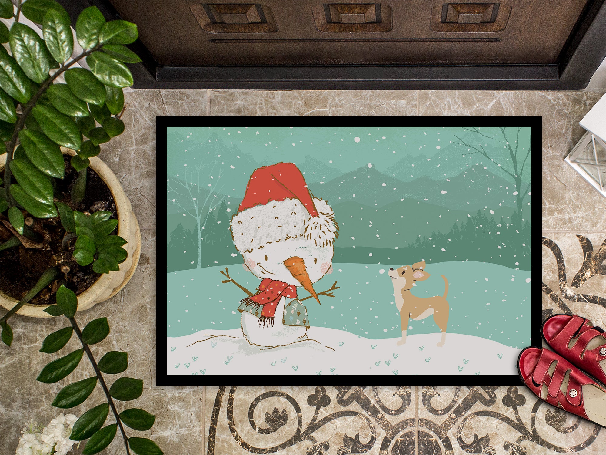 Tan Chihuahua Snowman Christmas Indoor or Outdoor Mat 18x27 CK2081MAT - the-store.com