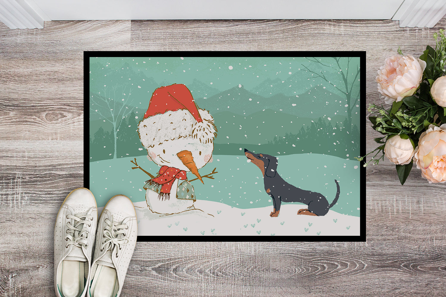 Black Tan Dachshund Snowman Christmas Indoor or Outdoor Mat 18x27 CK2083MAT - the-store.com