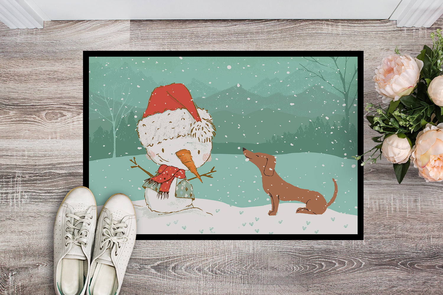 Red Dachshund Snowman Christmas Indoor or Outdoor Mat 18x27 CK2084MAT - the-store.com