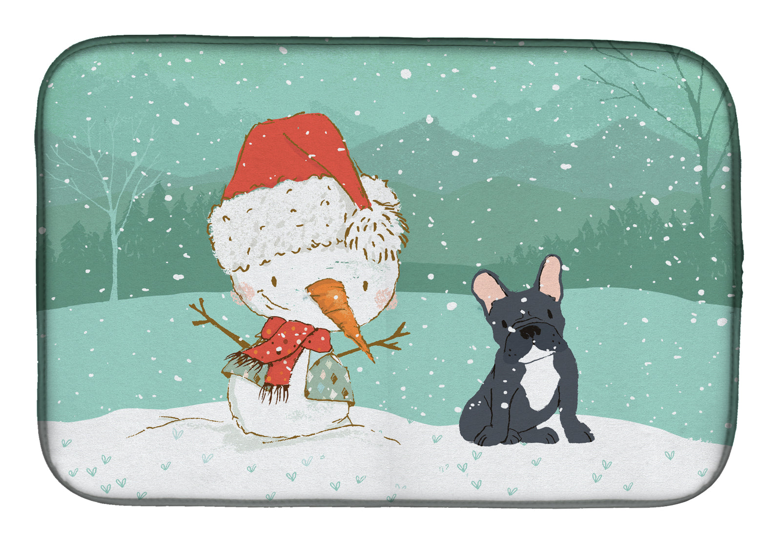 Black French Bulldog Snowman Christmas Dish Drying Mat CK2085DDM  the-store.com.