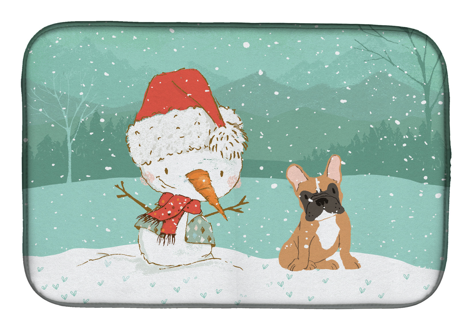 Fawn French Bulldog Snowman Christmas Dish Drying Mat CK2086DDM  the-store.com.