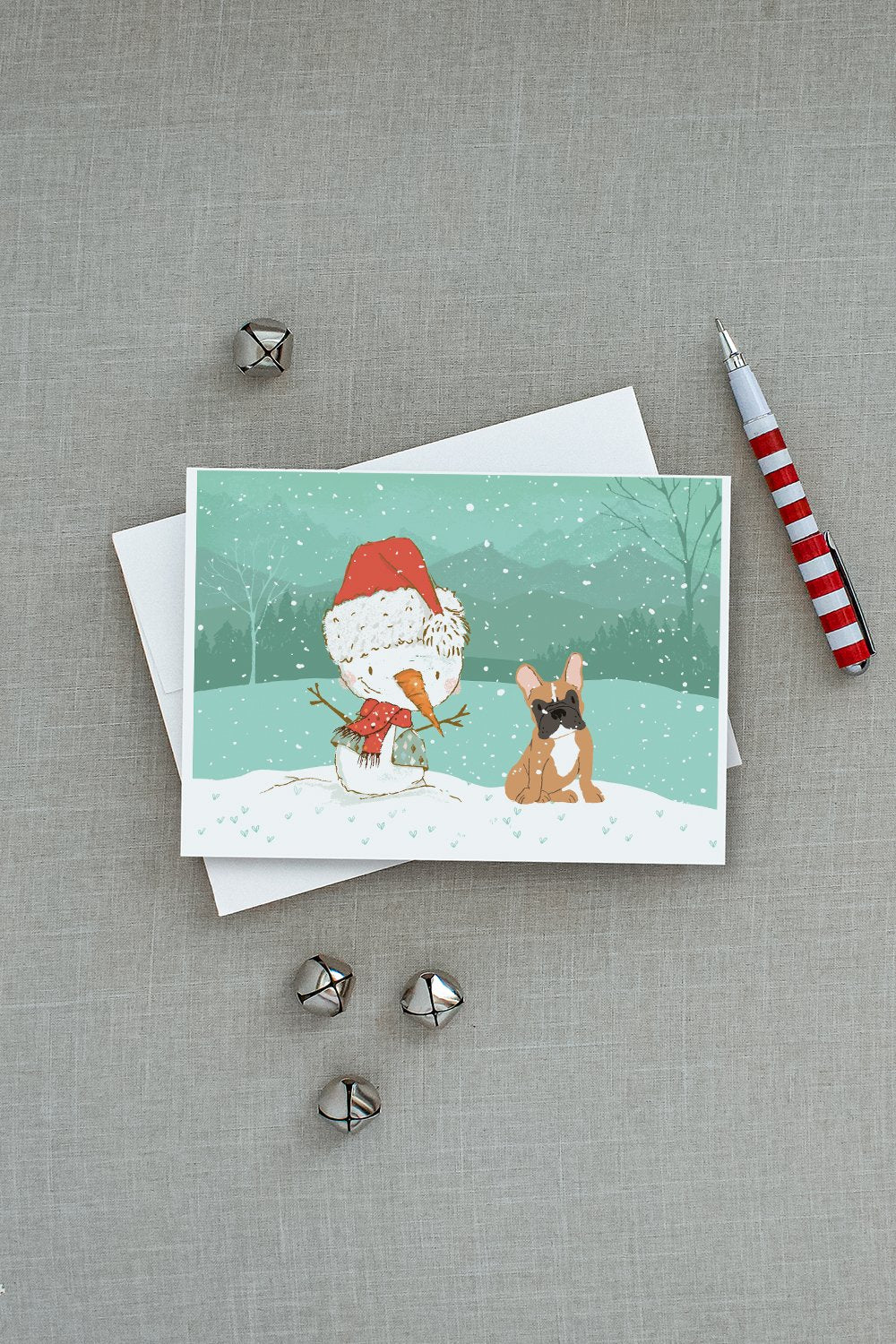 Fawn French Bulldog Snowman Christmas Greeting Cards and Envelopes Pack of 8 - the-store.com