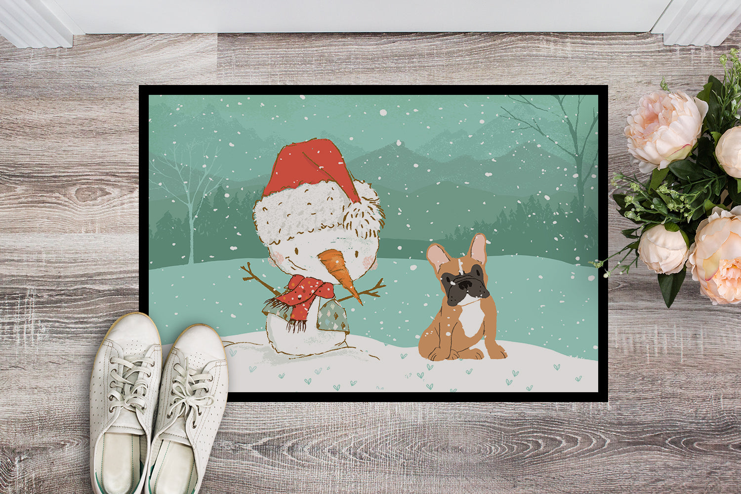 Fawn French Bulldog Snowman Christmas Indoor or Outdoor Mat 18x27 CK2086MAT - the-store.com