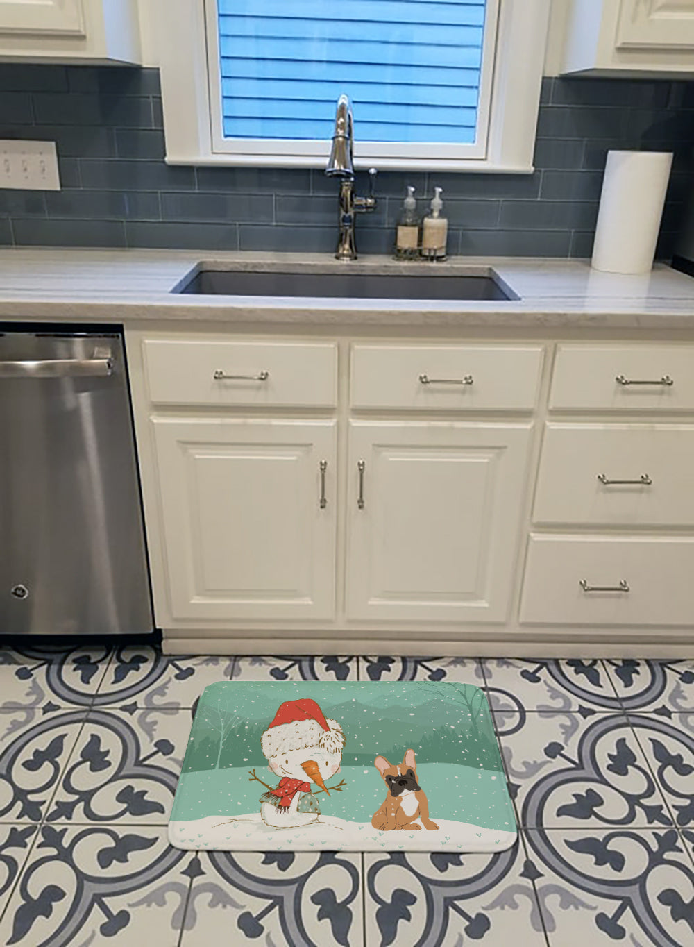 Fawn French Bulldog Snowman Christmas Machine Washable Memory Foam Mat CK2086RUG - the-store.com