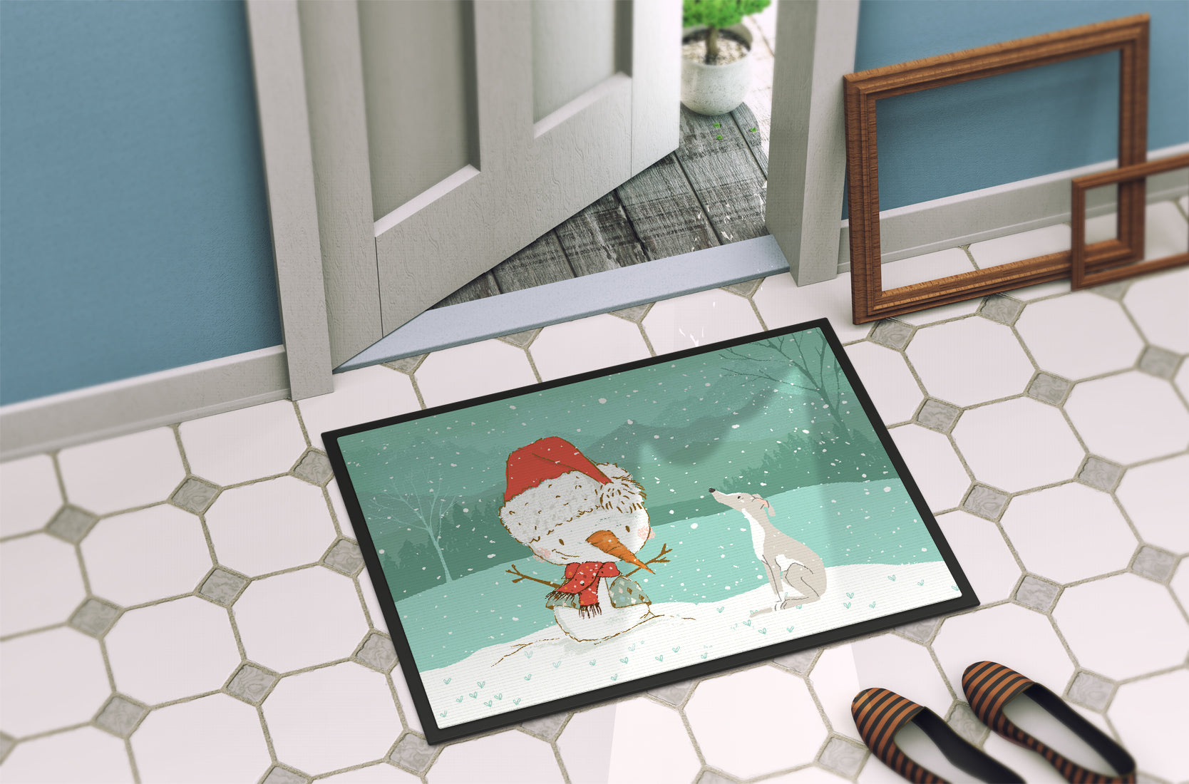 Italian Greyhound Snowman Christmas Indoor or Outdoor Mat 18x27 CK2089MAT - the-store.com