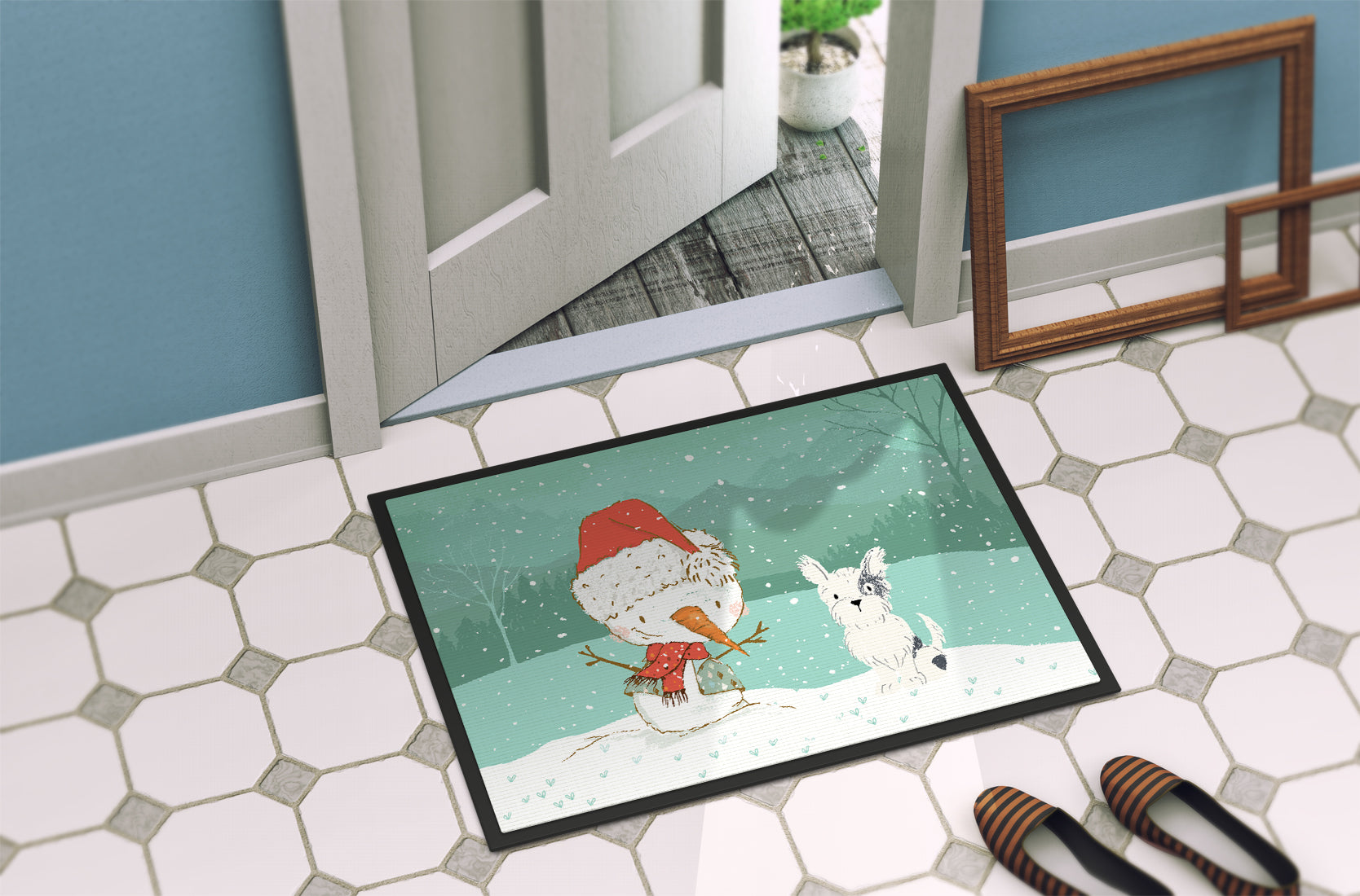 Black and White Terrier Snowman Christmas Indoor or Outdoor Mat 18x27 CK2095MAT - the-store.com