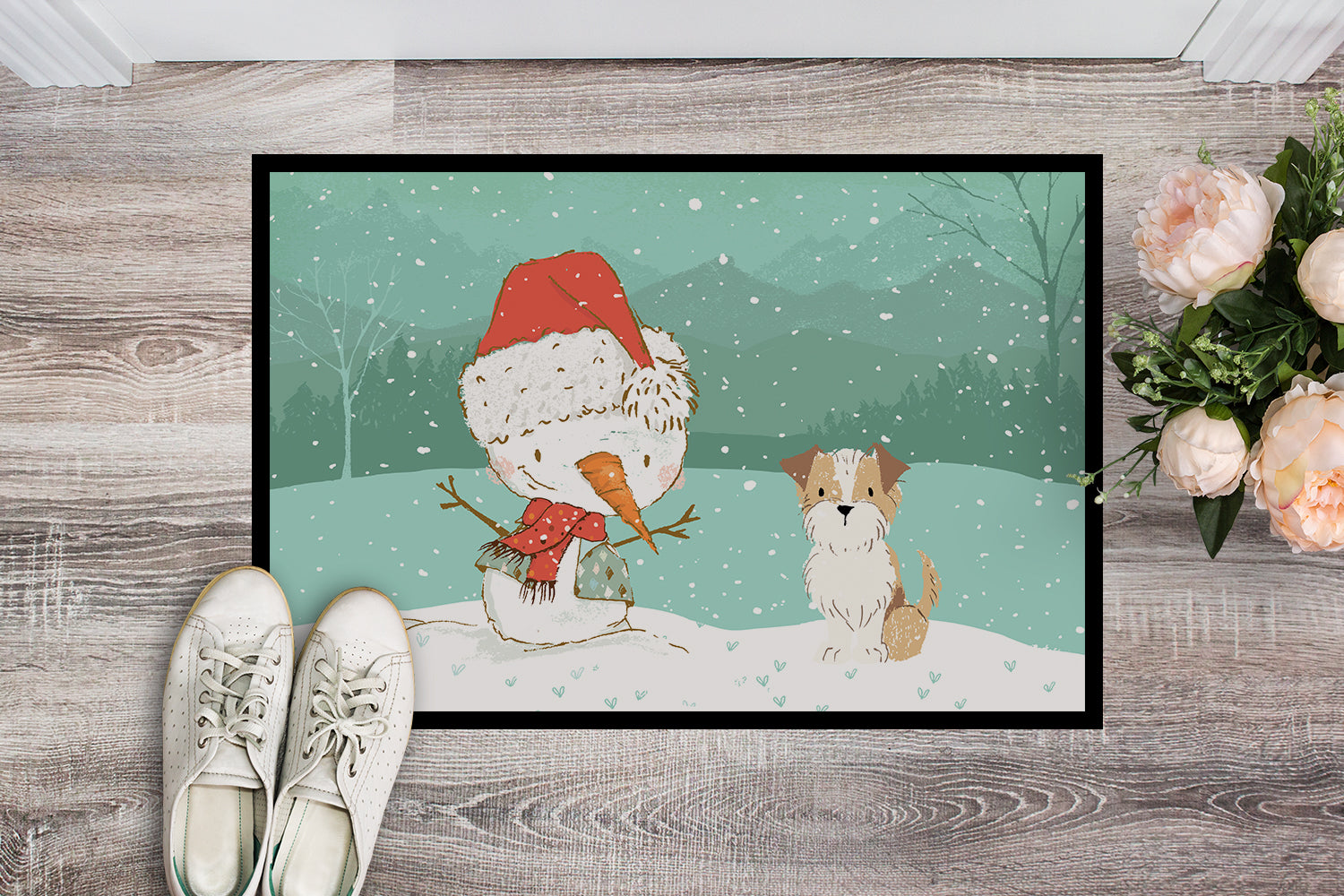 Brown and White Terrier Snowman Christmas Indoor or Outdoor Mat 18x27 CK2096MAT - the-store.com