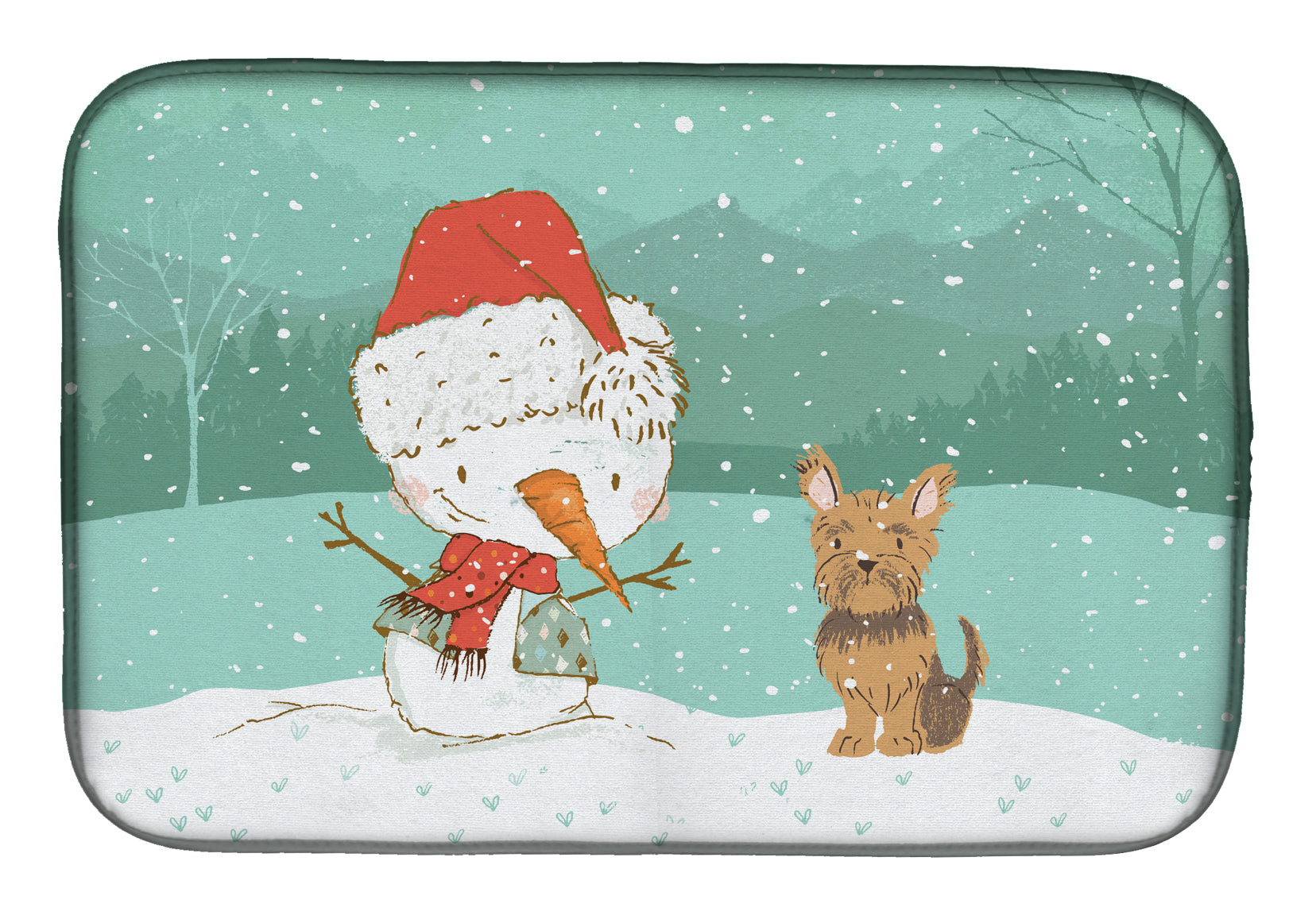 Yorkie Cropped Ears Snowman Christmas Dish Drying Mat CK2098DDM  the-store.com.