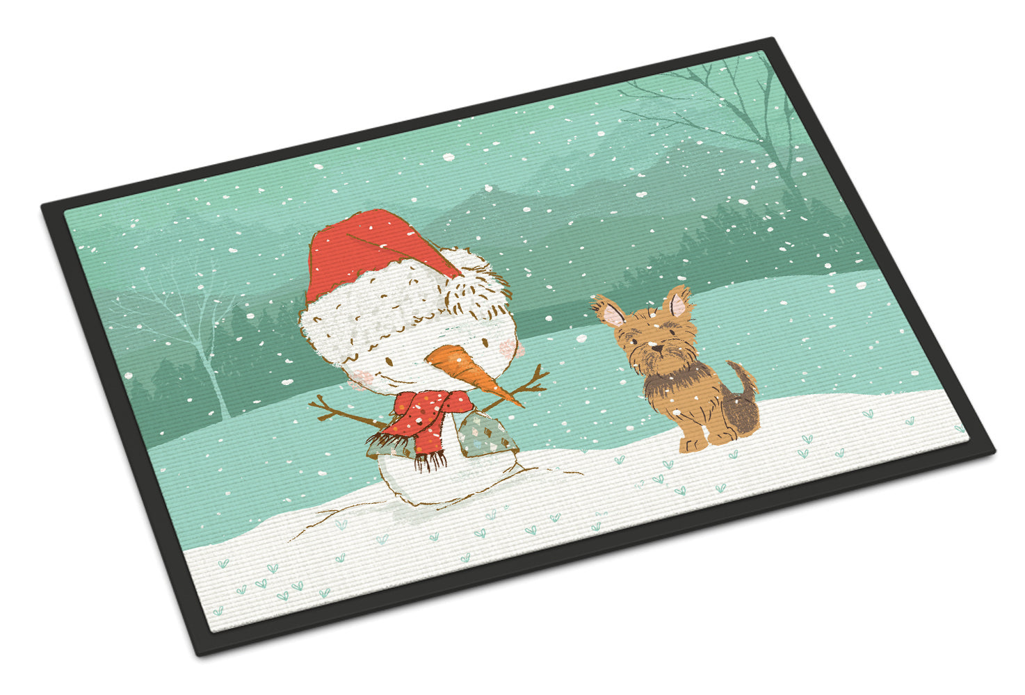 Yorkie Cropped Ears Snowman Christmas Indoor or Outdoor Mat 18x27 CK2098MAT - the-store.com