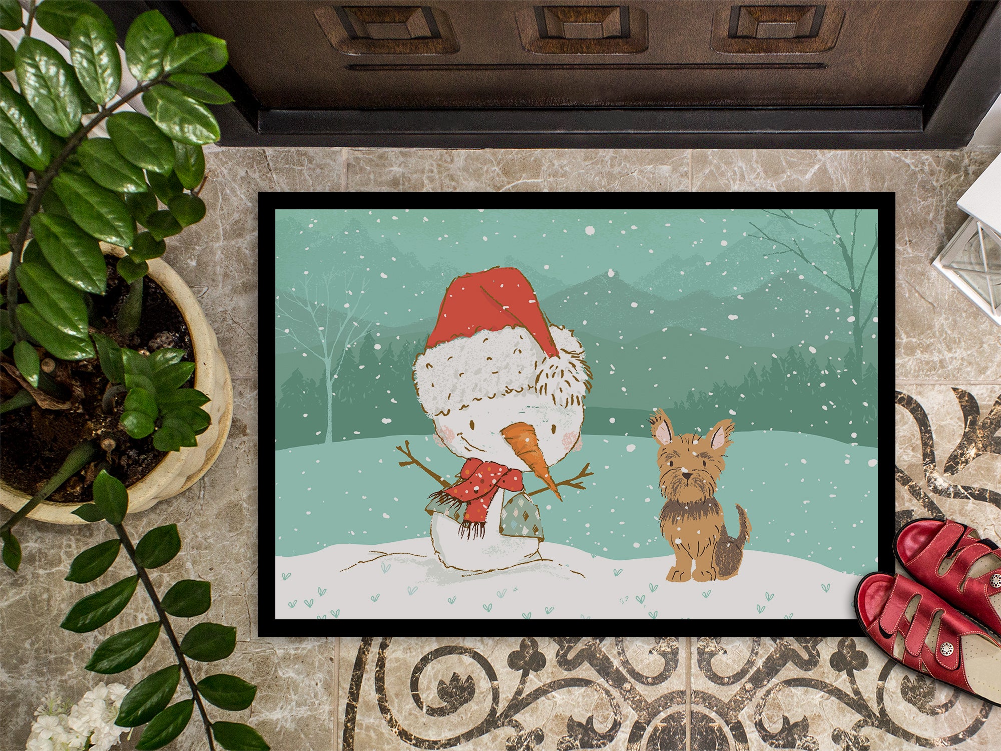 Yorkie Cropped Ears Snowman Christmas Indoor or Outdoor Mat 18x27 CK2098MAT - the-store.com