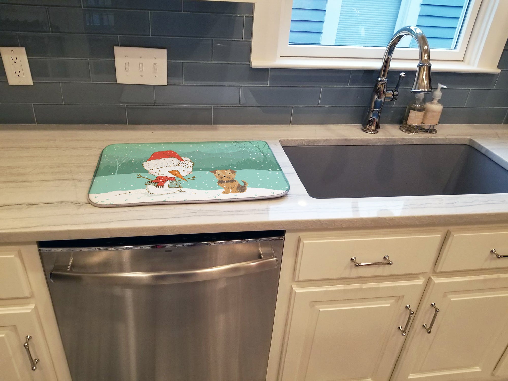 Yorkie Natural Ears Snowman Christmas Dish Drying Mat CK2099DDM  the-store.com.