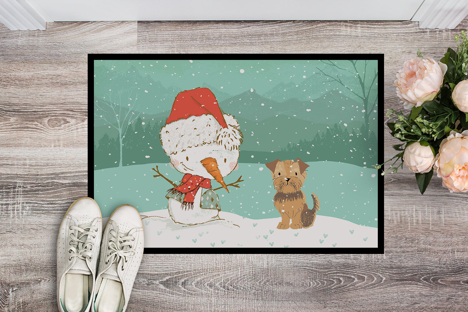 Yorkie Natural Ears Snowman Christmas Indoor or Outdoor Mat 18x27 CK2099MAT - the-store.com