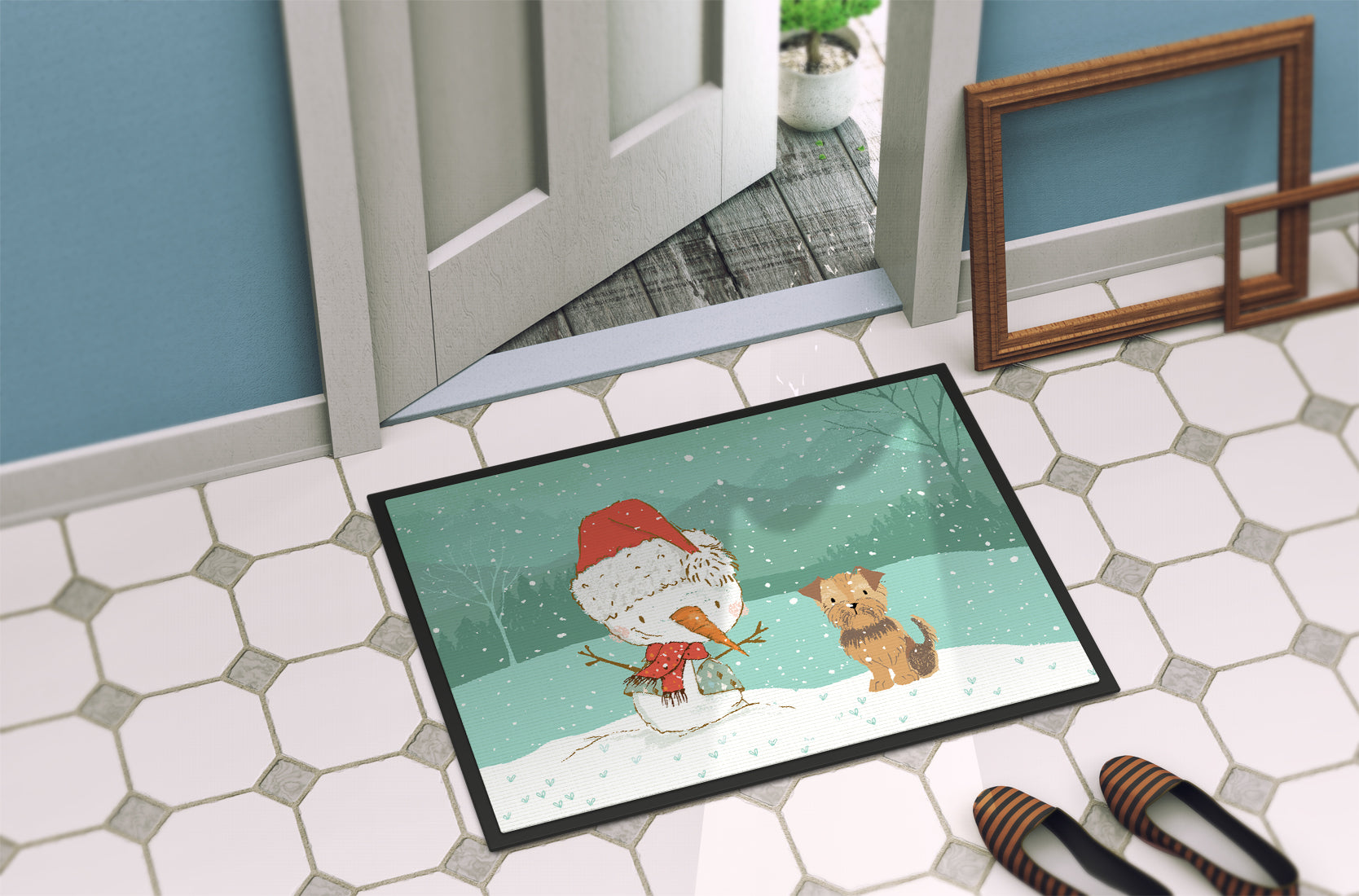 Yorkie Natural Ears Snowman Christmas Indoor or Outdoor Mat 18x27 CK2099MAT - the-store.com