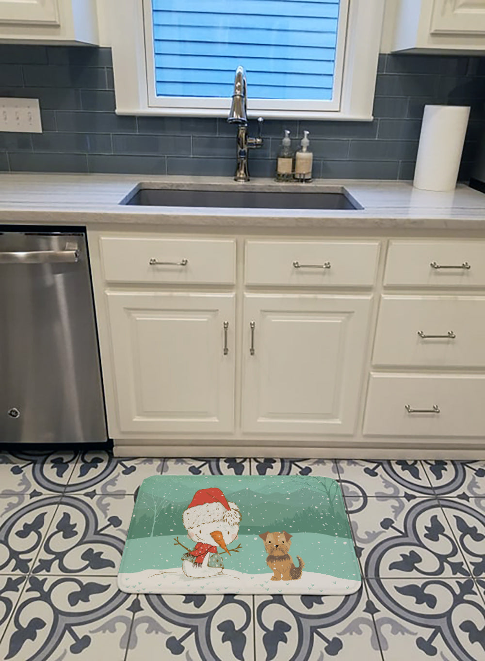 Yorkie Natural Ears Snowman Christmas Machine Washable Memory Foam Mat CK2099RUG - the-store.com