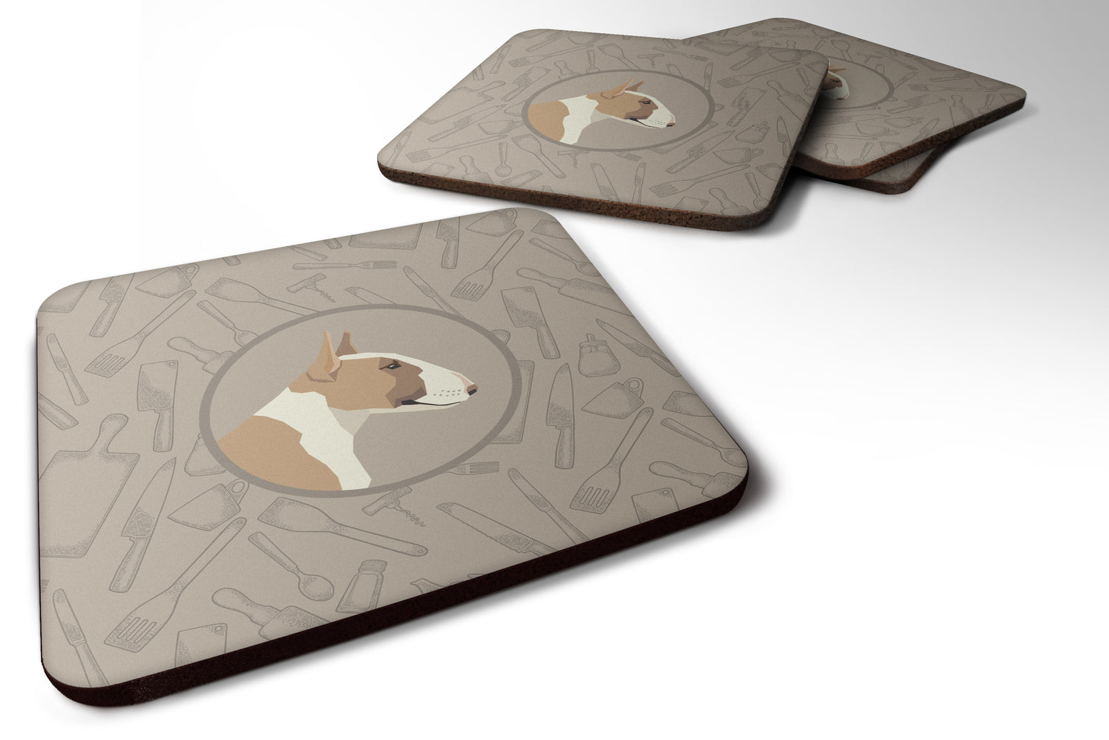 Fawn and White Bull Terrier In the Kitchen Foam Coaster Set of 4 CK2175FC - the-store.com