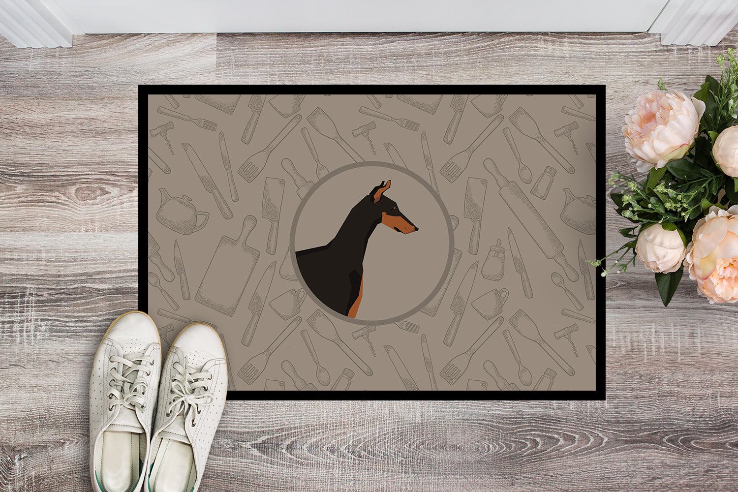 Doberman Pinscher In the Kitchen Indoor or Outdoor Mat 18x27 CK2182MAT - the-store.com