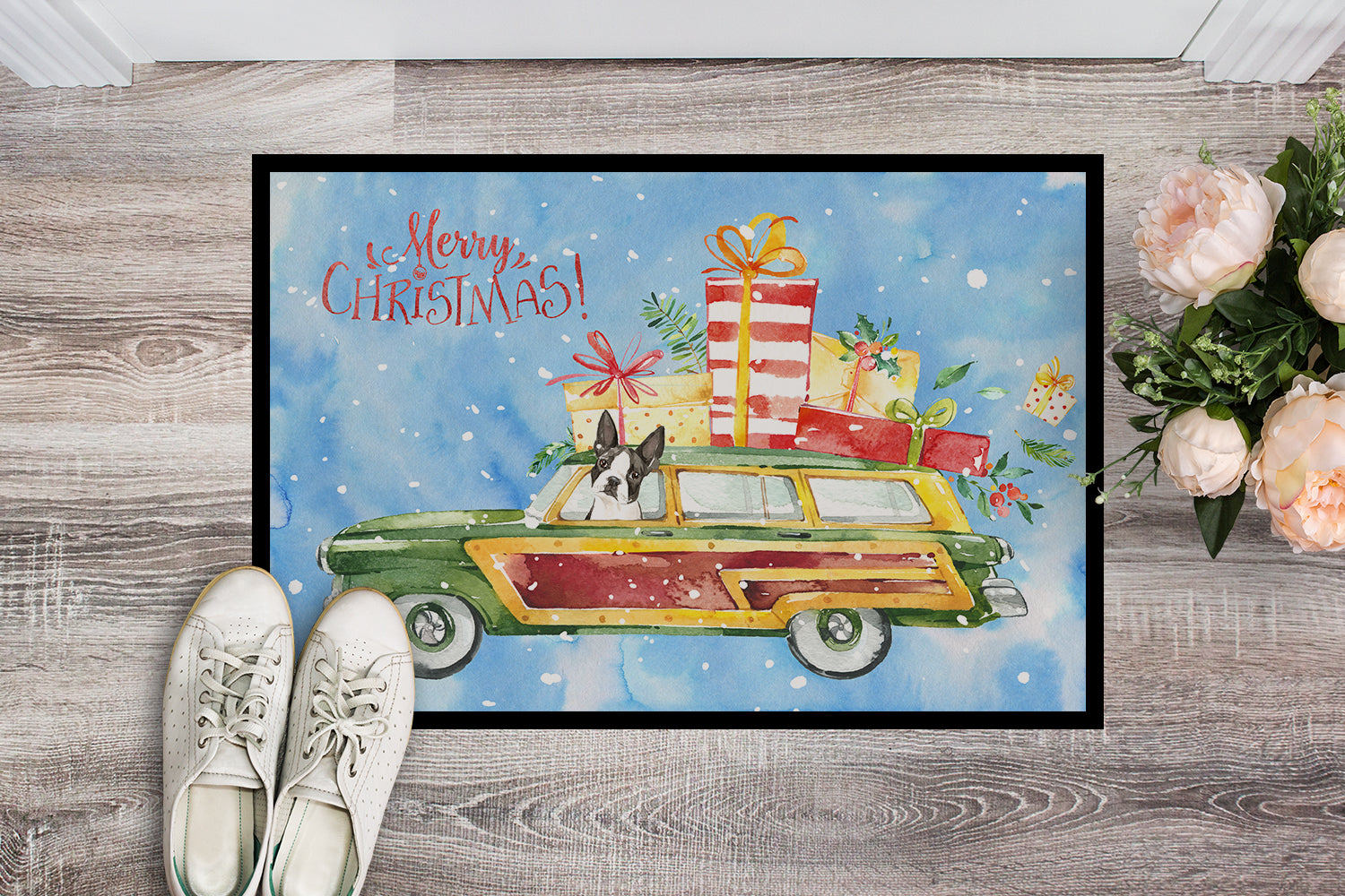 Merry Christmas Boston Terrier Indoor or Outdoor Mat 18x27 CK2397MAT - the-store.com