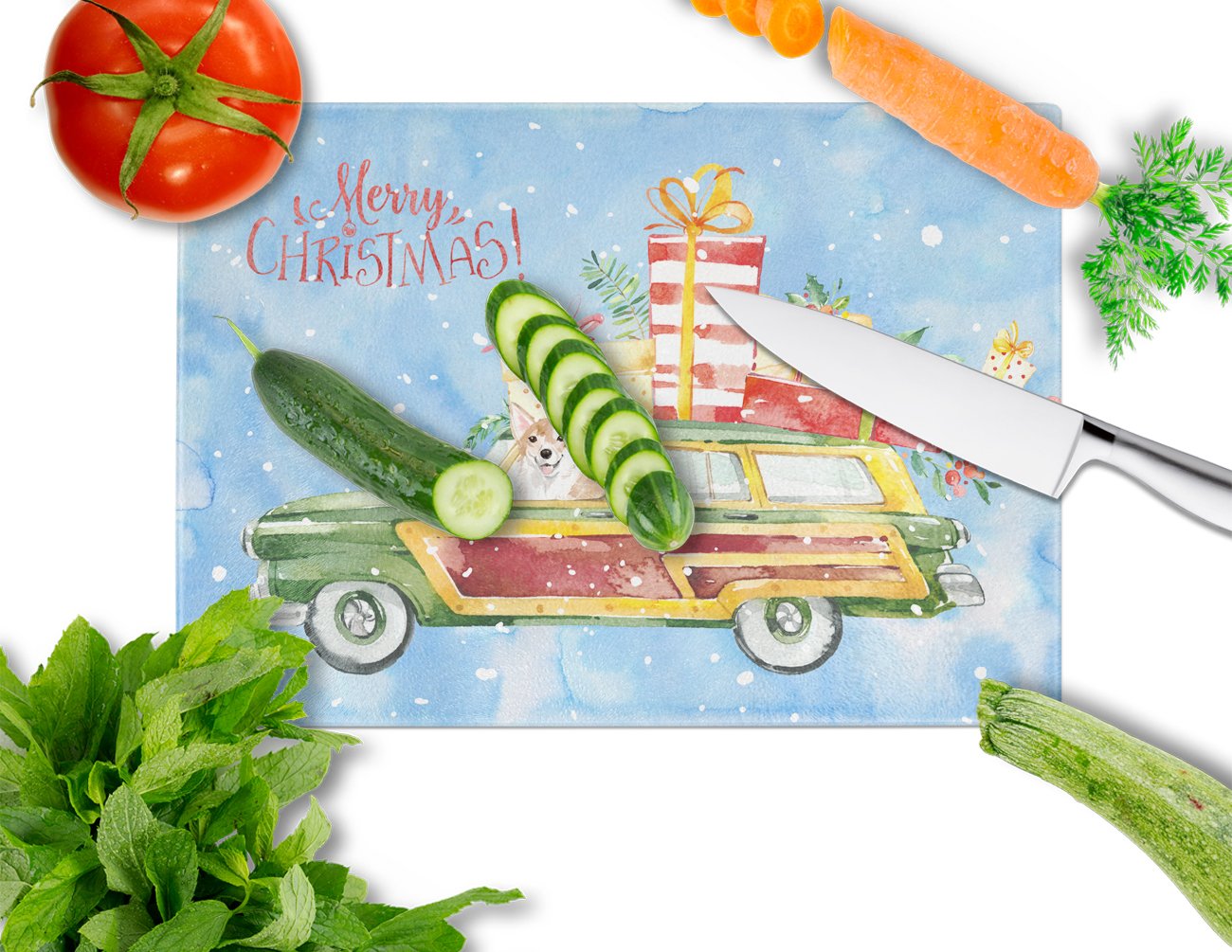 Merry Christmas Corgi Glass Cutting Board Large CK2451LCB by Caroline's Treasures