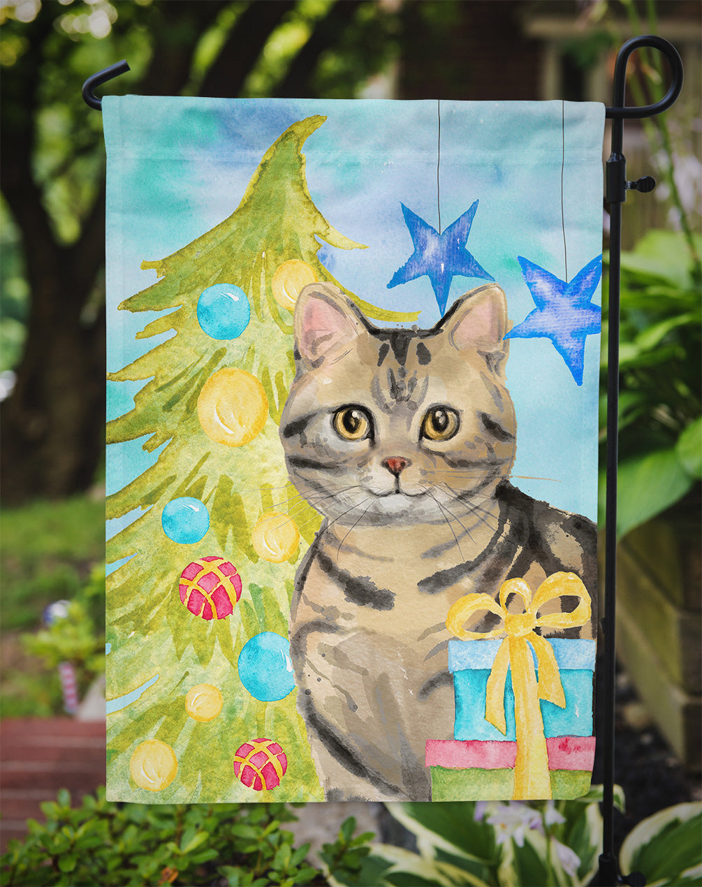 American Shorthair Brown Tabby Christmas Presents Flag Garden Size CK3118GF  the-store.com.