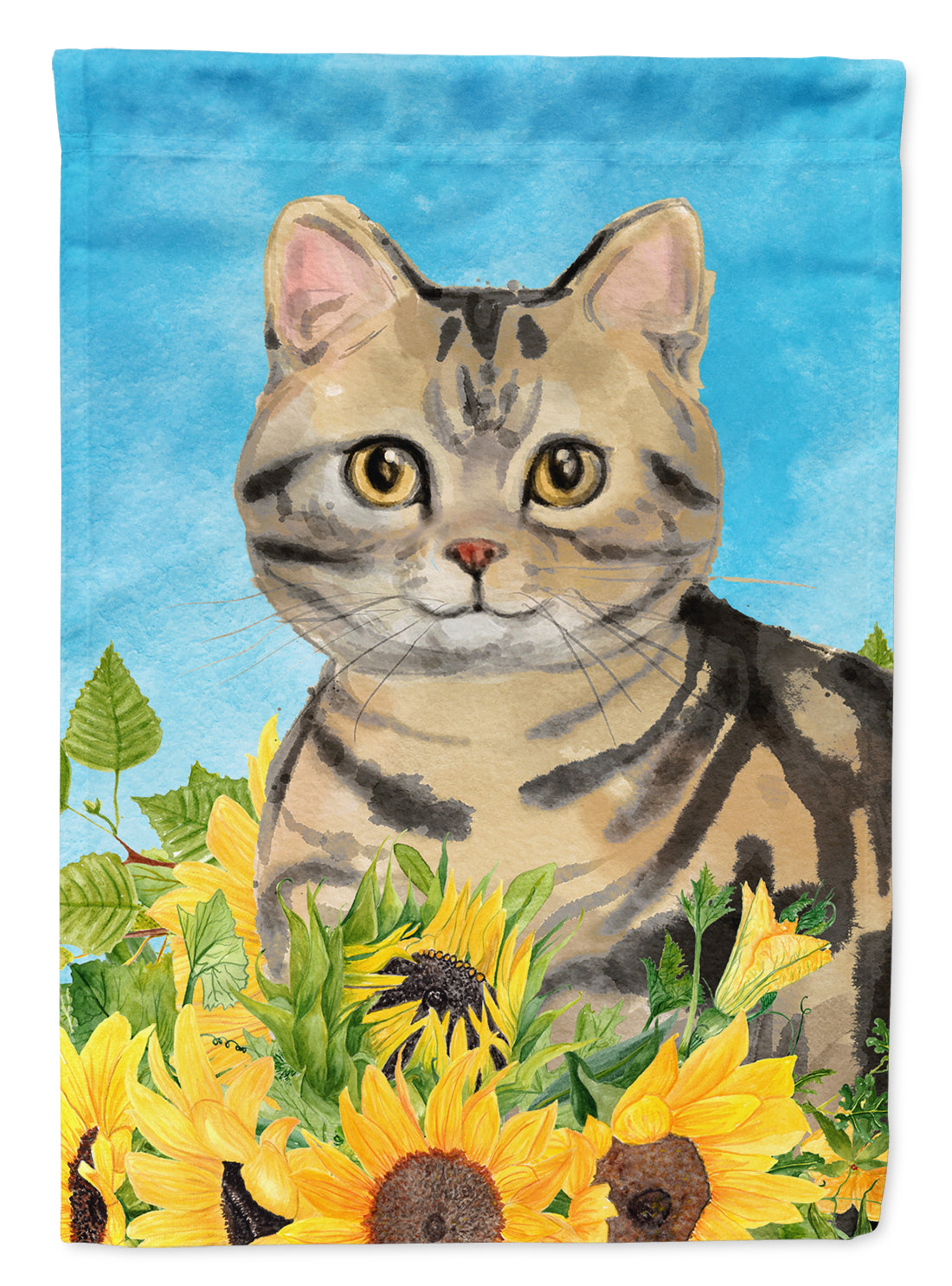 American Shorthair Brown Tabby in Sunflowers Flag Canvas House Size CK3148CHF  the-store.com.