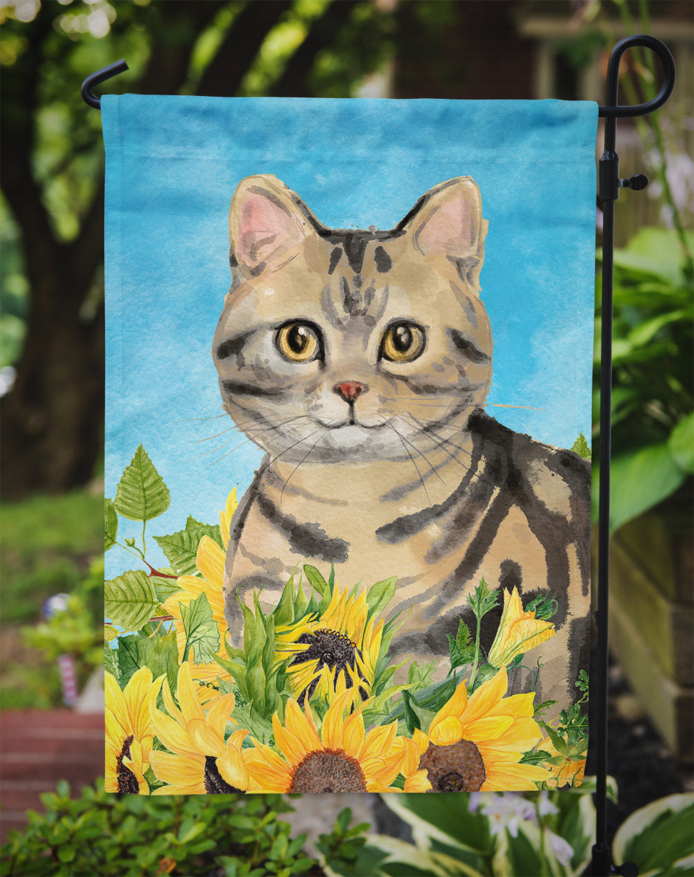 American Shorthair Brown Tabby in Sunflowers Flag Garden Size CK3148GF  the-store.com.