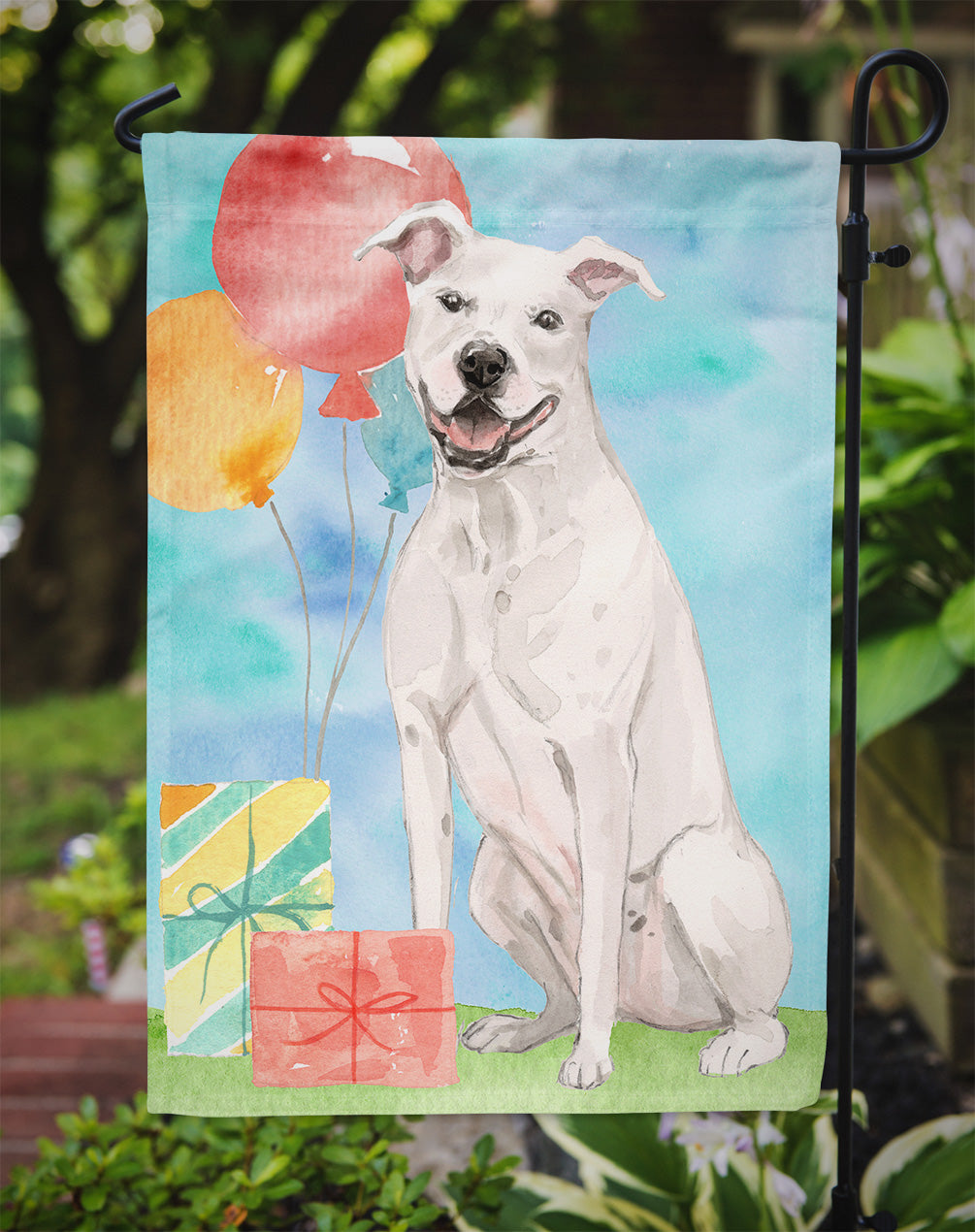 Happy Birthday White Staffordshire Bull Terrier Flag Garden Size CK3230GF  the-store.com.