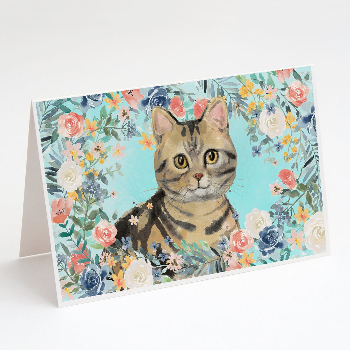 Buy this American Shorthair Brown Tabby Spring Flowers Greeting Cards and Envelopes Pack of 8