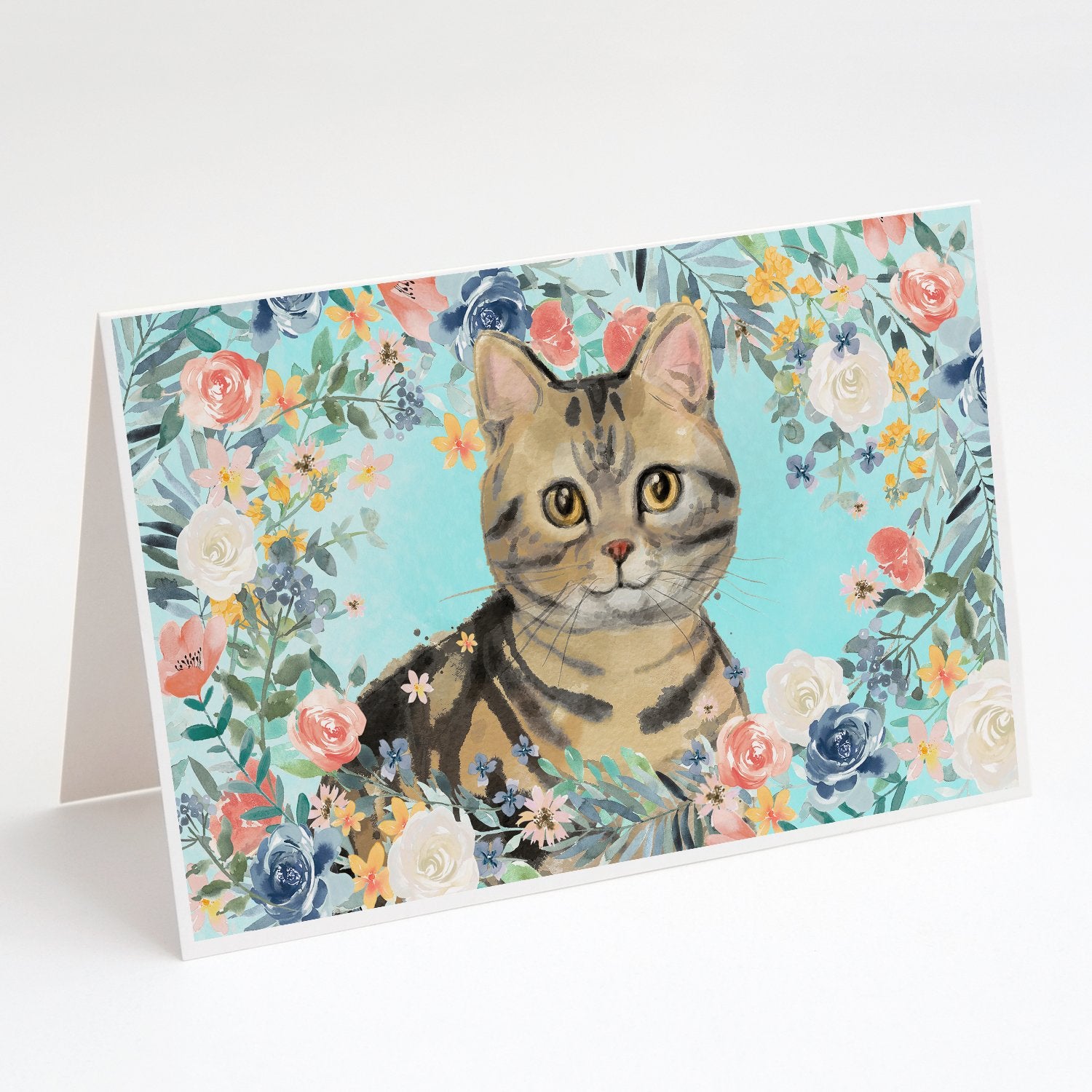 Buy this American Shorthair Brown Tabby Spring Flowers Greeting Cards and Envelopes Pack of 8