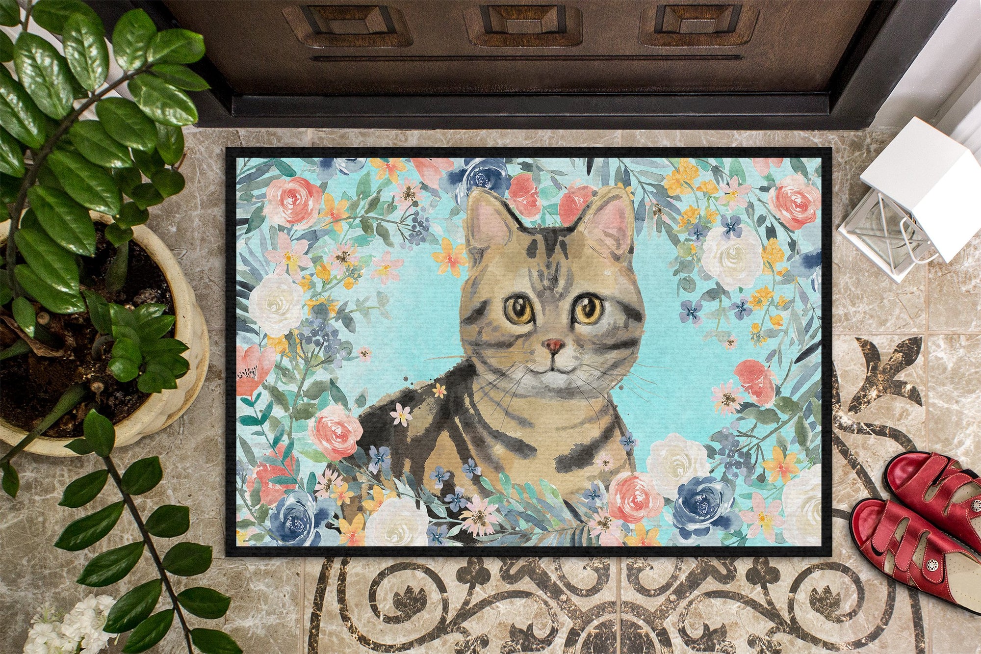 American Shorthair Brown Tabby Spring Flowers Indoor or Outdoor Mat 24x36 CK3387JMAT by Caroline's Treasures