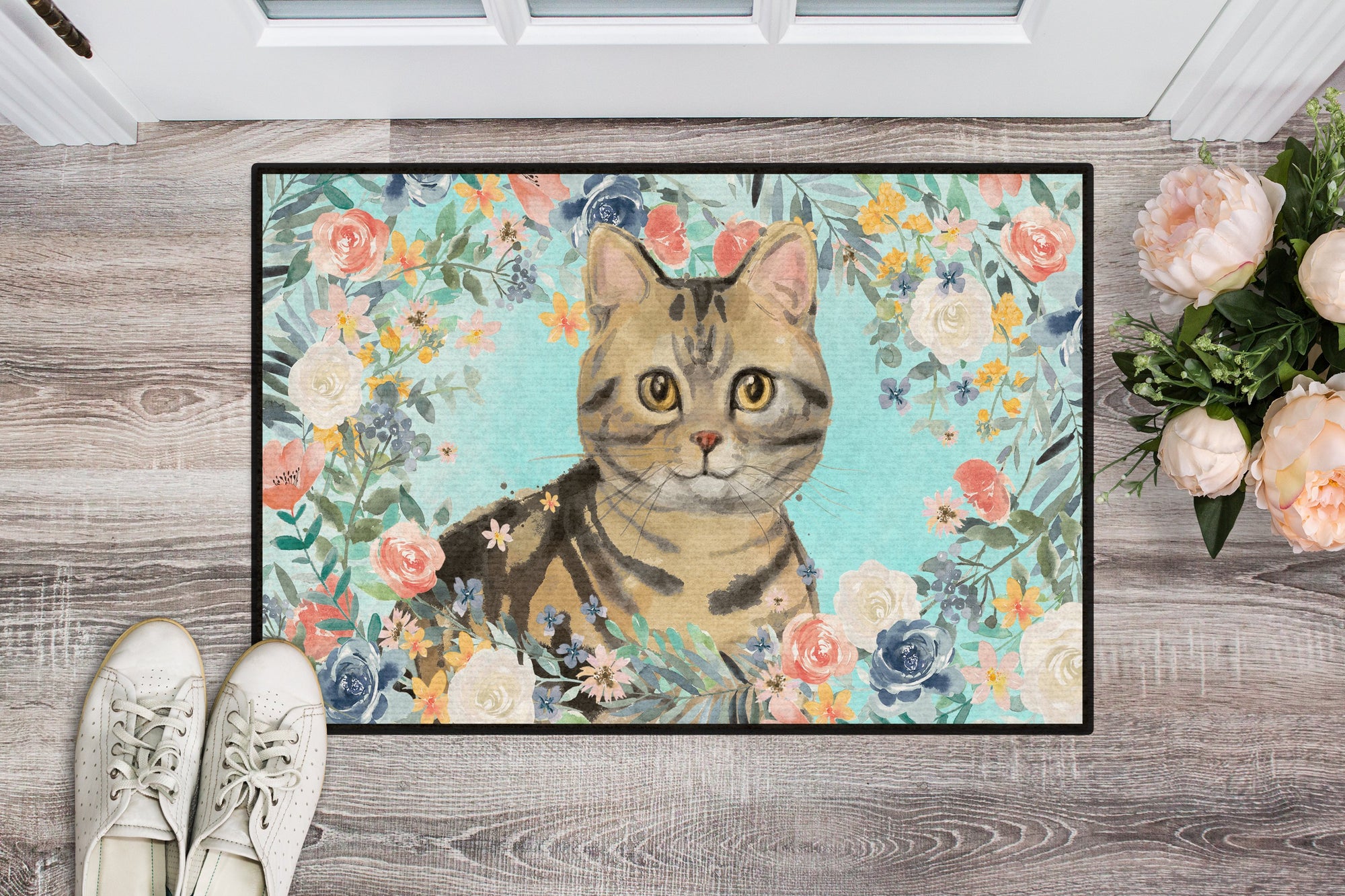 American Shorthair Brown Tabby Spring Flowers Indoor or Outdoor Mat 24x36 CK3387JMAT by Caroline's Treasures