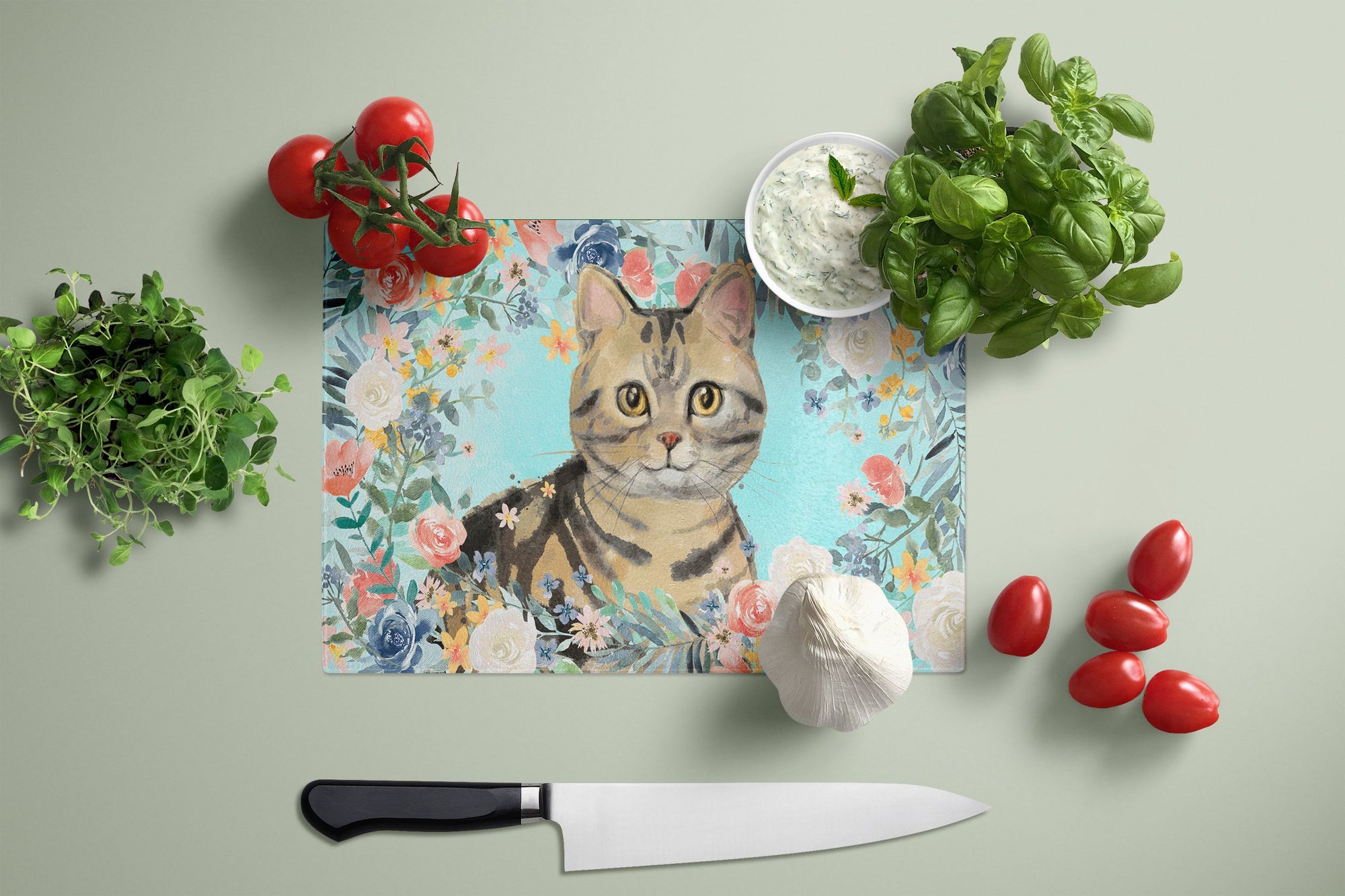 American Shorthair Brown Tabby Spring Flowers Glass Cutting Board Large CK3387LCB by Caroline's Treasures