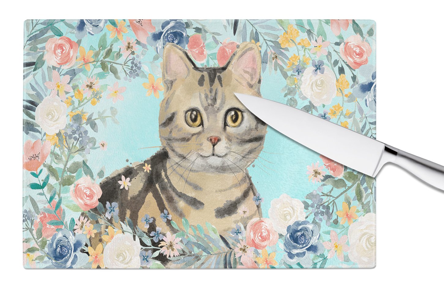 American Shorthair Brown Tabby Spring Flowers Glass Cutting Board Large CK3387LCB by Caroline's Treasures