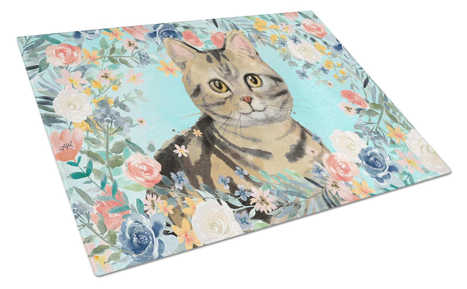 American Shorthair Brown Tabby Spring Flowers Glass Cutting Board Large CK3387LCB by Caroline's Treasures