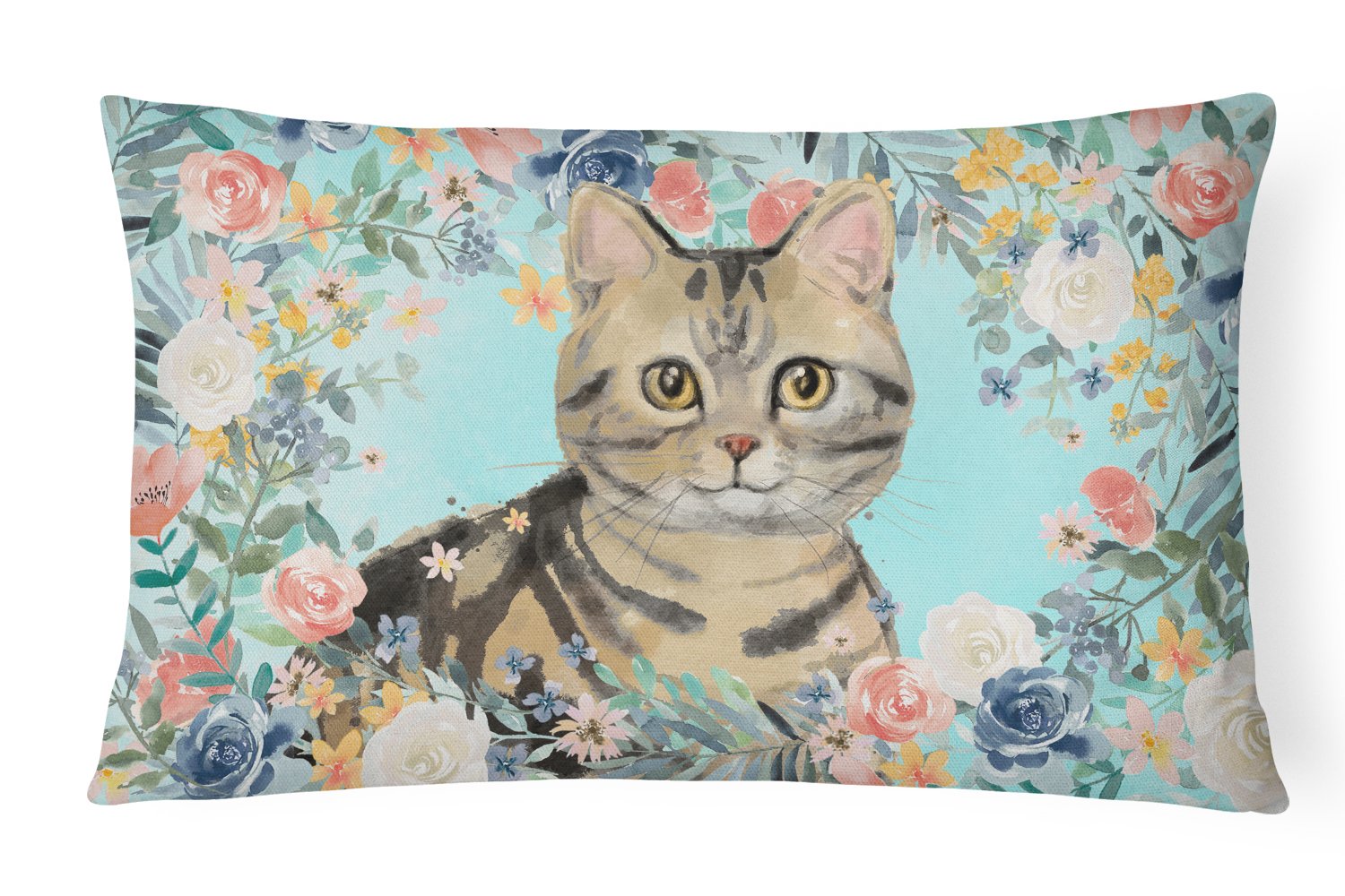 American Shorthair Brown Tabby Spring Flowers Canvas Fabric Decorative Pillow CK3387PW1216 by Caroline's Treasures