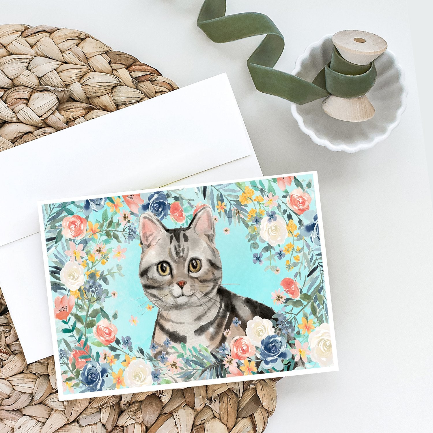 Buy this American Shorthair Spring Flowers Greeting Cards and Envelopes Pack of 8