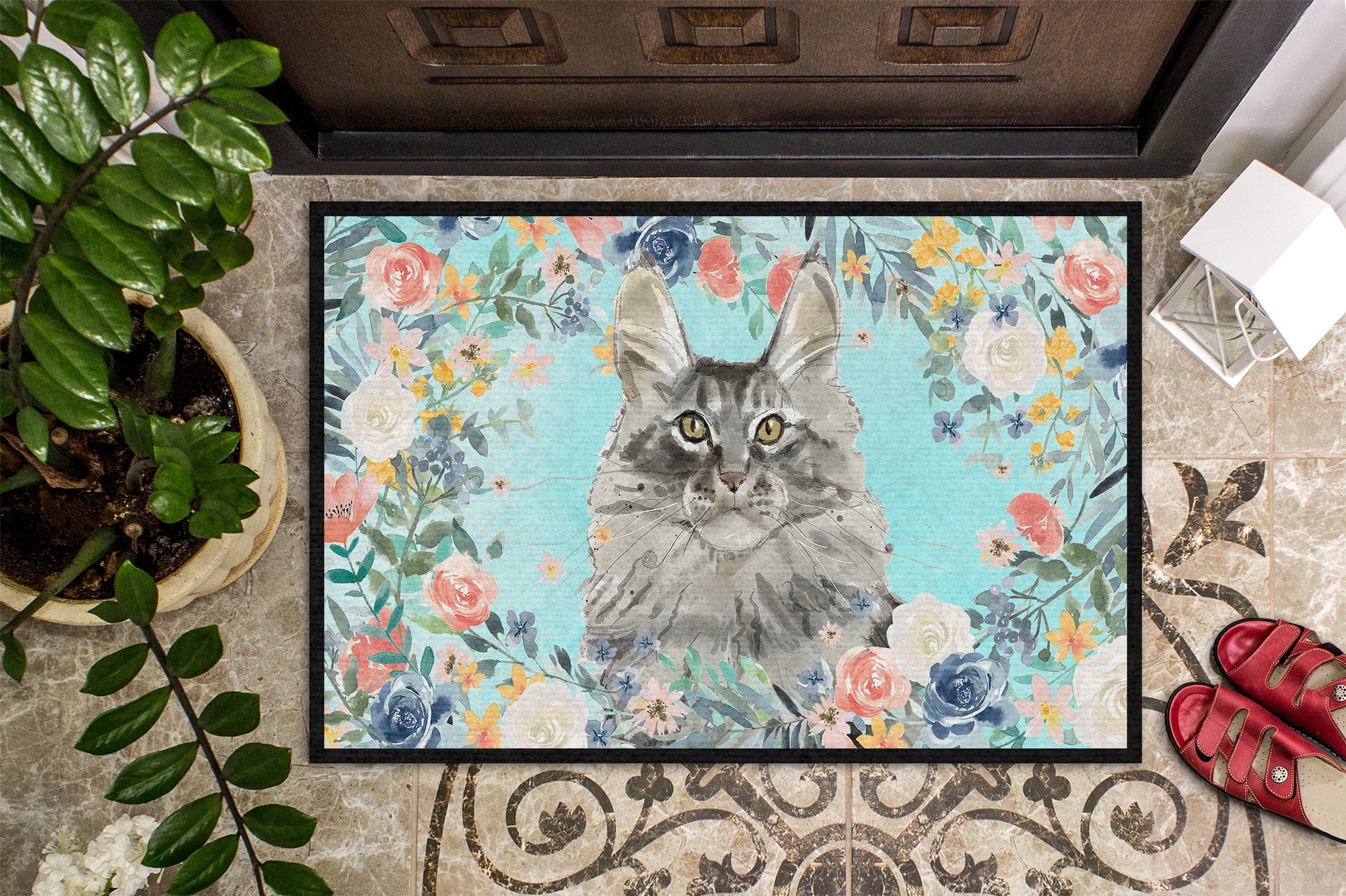 Maine Coon Spring Flowers Indoor or Outdoor Mat 24x36 CK3393JMAT by Caroline's Treasures